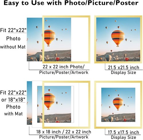 JCJMY 22x22 Gold Picture Frame - Display 18x18 Photos with Mat or 22x22 Without Mat | Shatter-Resistant Plexiglass