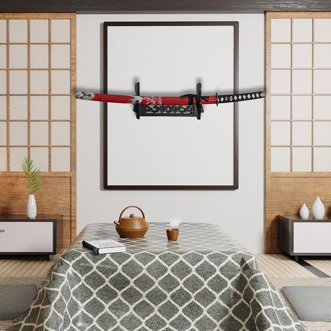 Katana Wall Mount Samurai Sword Display Hanger Lightsaber Holder, Wood Flute Stand Martial Arts Weapon Stand Cosplay Rack Wall Mount (Black, 1-Tier)