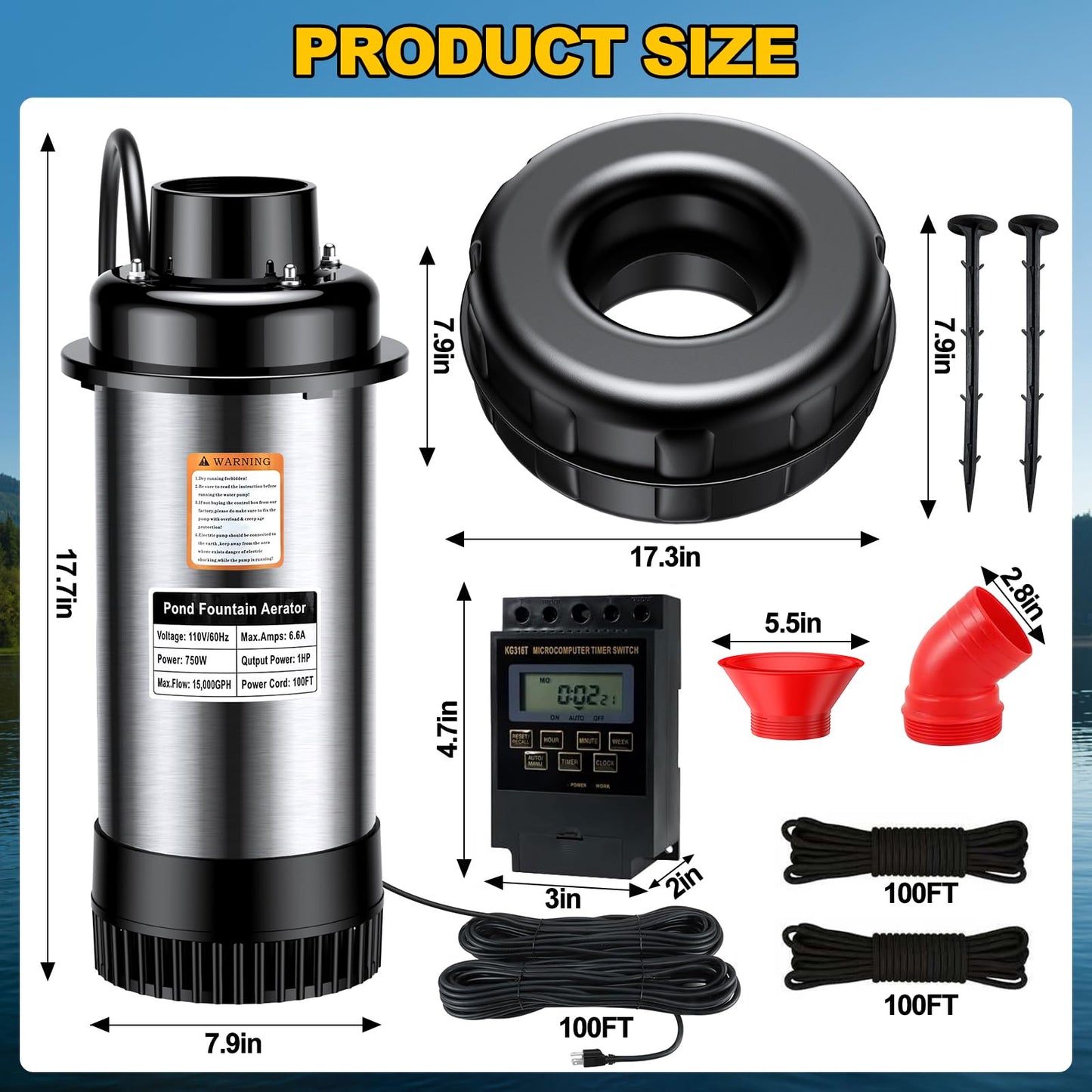 iCapeson Pond Fountain Aerator, 1HP 15000 GPH Floating Fountain Pump with Timer, 100FT Power Cord, 2x100 FT Traction Rope, Fully Automatic Powerful Aerating Fountain Water Circulation, Black