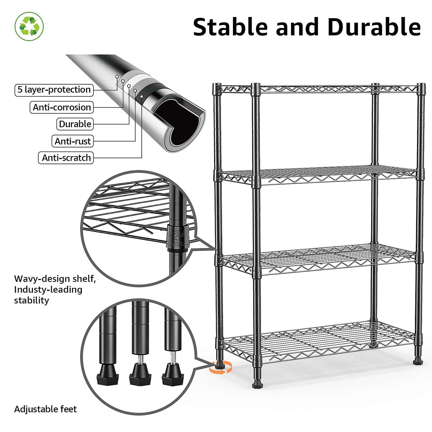 M MZG 1000 lbs Storage Shelving Steel Heavy Duty 4-Tier Utility Shelving Unit Steel Organizer Wire Rack for Home,Kitchen,Office (13.7" D x 29.5" W x 47.2" H)