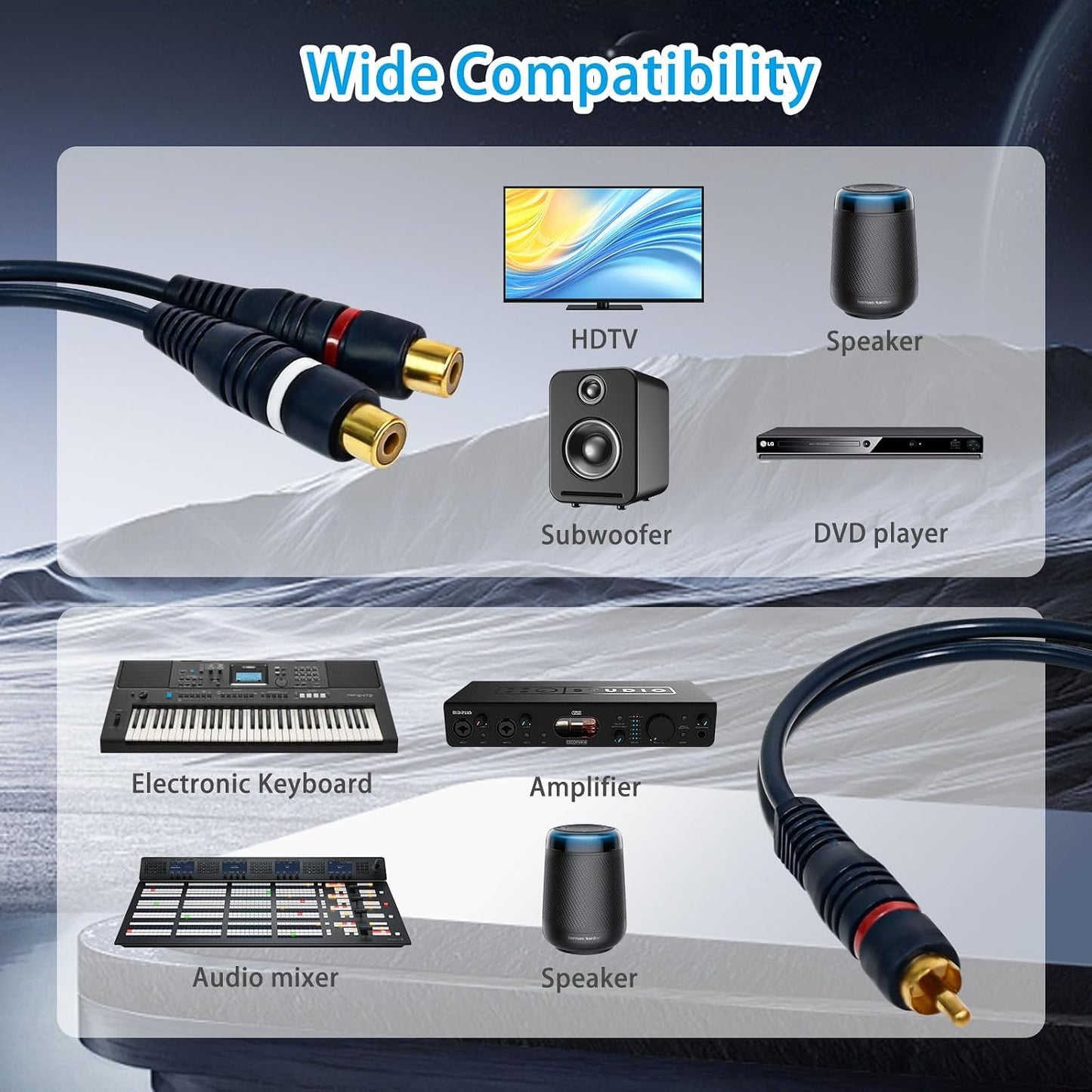 Dirvcp 1 2 RCA Audio Splitter Male to Female with Gold-Plated Connectors for Lossless Sound - Home Theater & Subwoofer