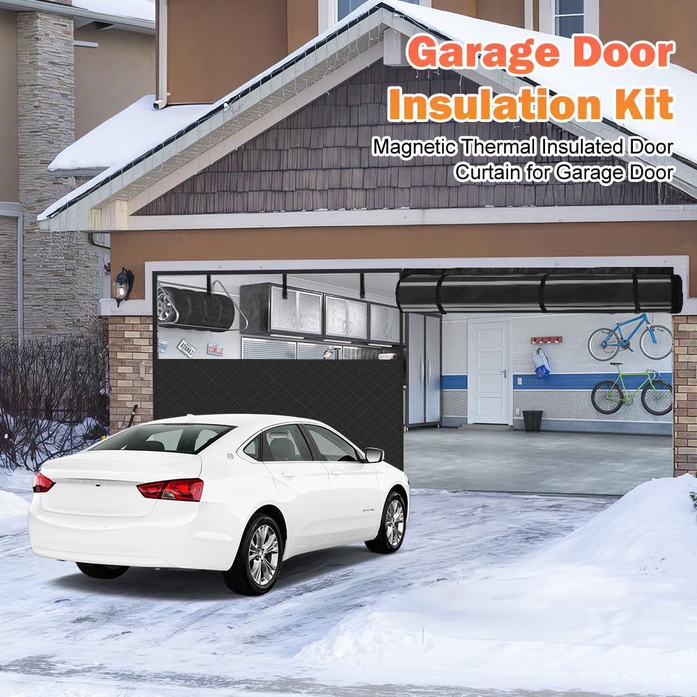 Car Garage Door Insulation Kit Fits 16x7FT, Magnetic Thermal Insulated Door Curtains for Winter with Clear Window, Garage Door Cover Blanket Panels Screen for 2 Car Garages
