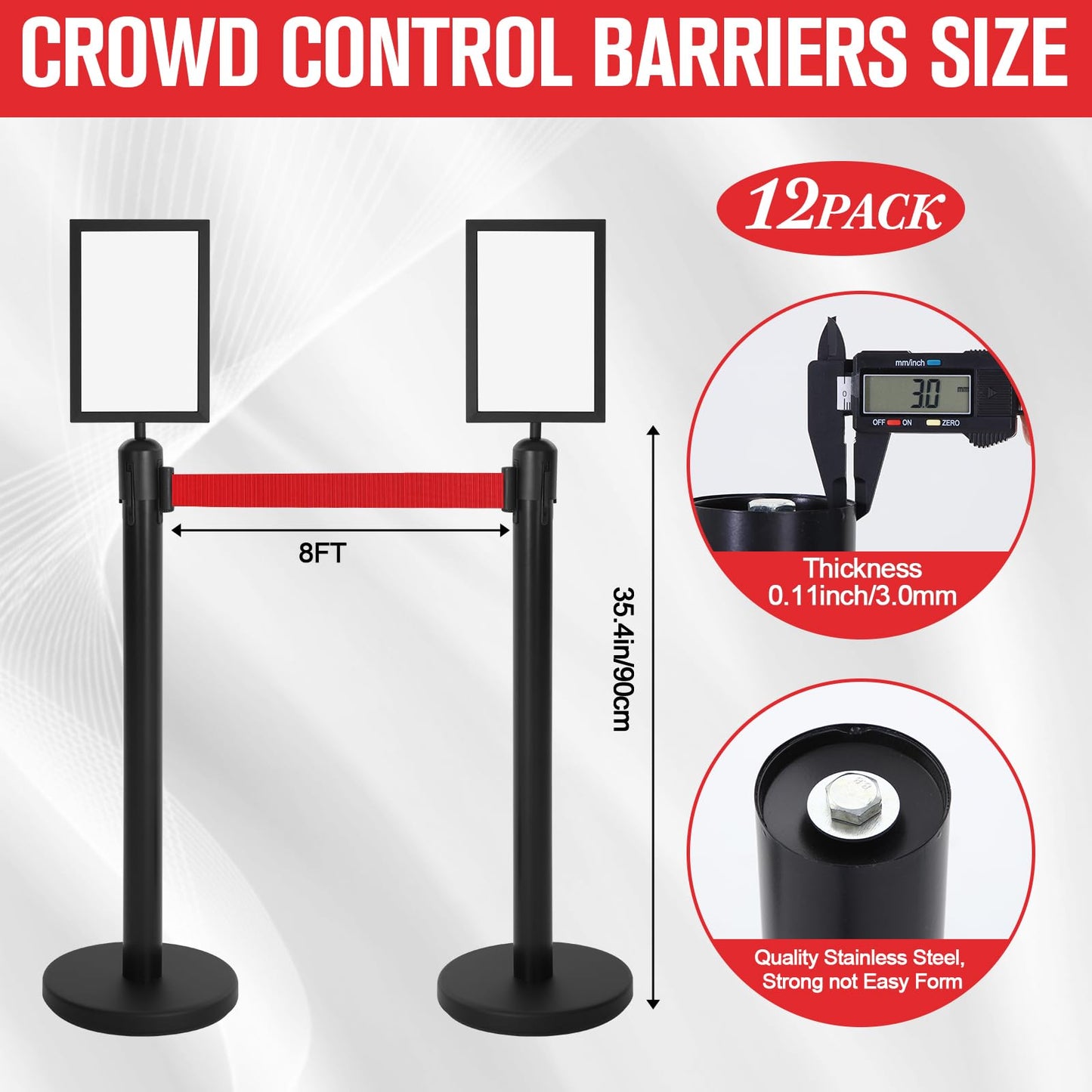 Therwen 12 Pcs Stanchions with 8.2 ft Retractable Belt Red Crowd Control Stanchions Set and Stanchion Post Sign Easy to Assemble Line Dividers Queue Ropes for Theaters, Weddings, Exhibitions