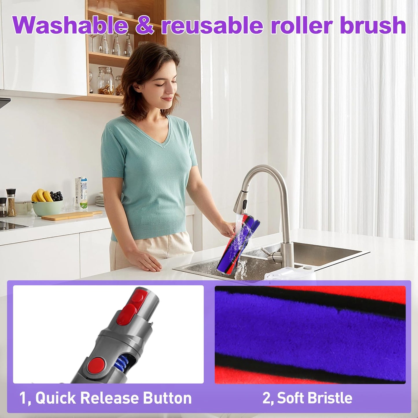 Soft Roller Cleaner Head Compatible with Dy son V10 V11 V15 V8 V7 Cordless Vacuum, Quick Release Fluffy Vacuum Head Replacement Attachments Parts Accessories for Hardwood, Vinyl Floor