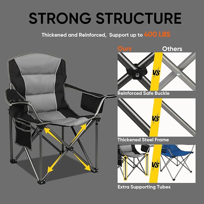 Northroad 2 Pack Oversized Camping Chair, Padded Portable Chairs Heavy Duty Camping Folding Chairs w/Cooler Bag & Cup Holder, Support 400 LBS for Outdoor, Fishing & Garden (Black & Green)