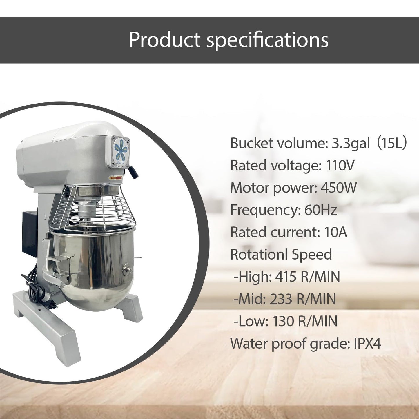 BEILOCKERY 15L Commercial Food Stand Mixer, 3-Speeds Adjustable 110V Dough Mixer, 450W Electric Dough Mixing Machine with 3 Mixing Tools