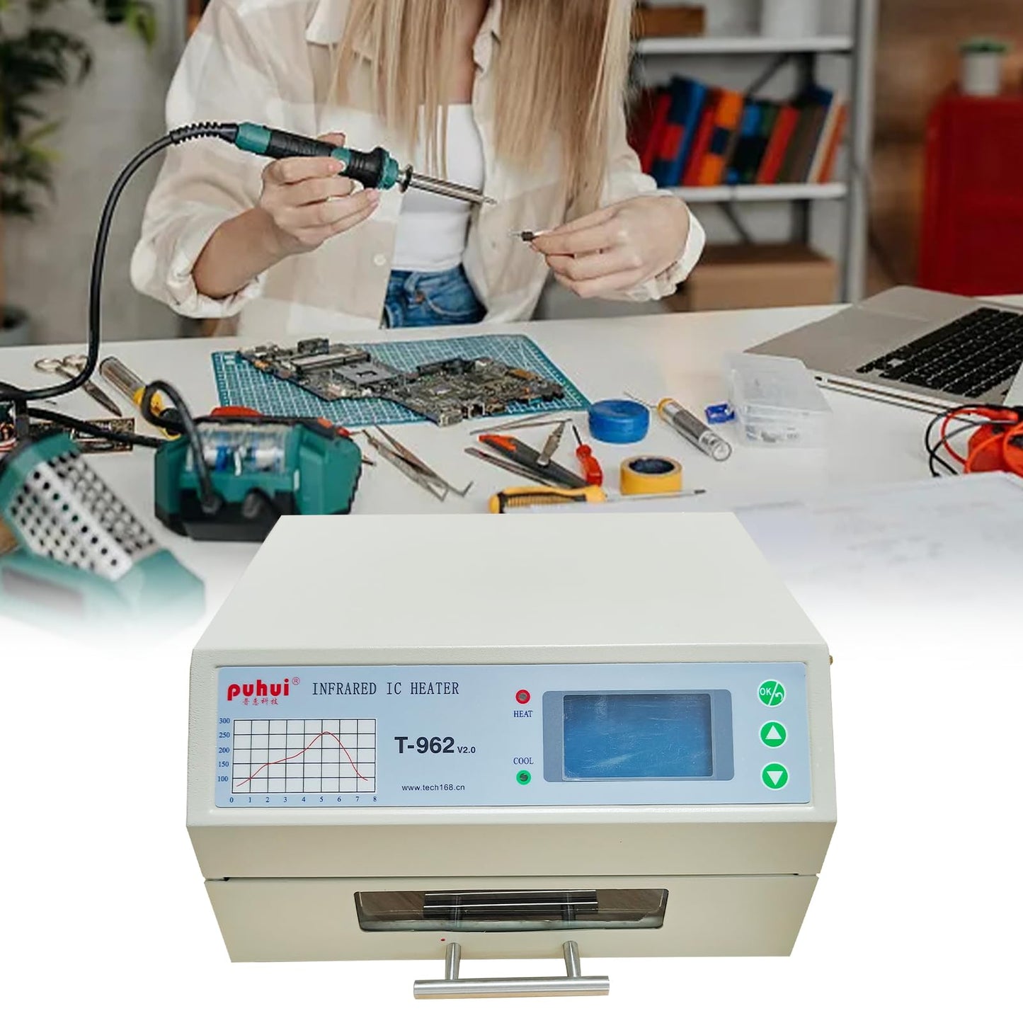Reflow Soldering Station, T962 110V 800W Infrared Reflow Oven Furnace IC Heater BGA Rework Station Professional Infrared Heater Soldering Automatic Reflow Machine