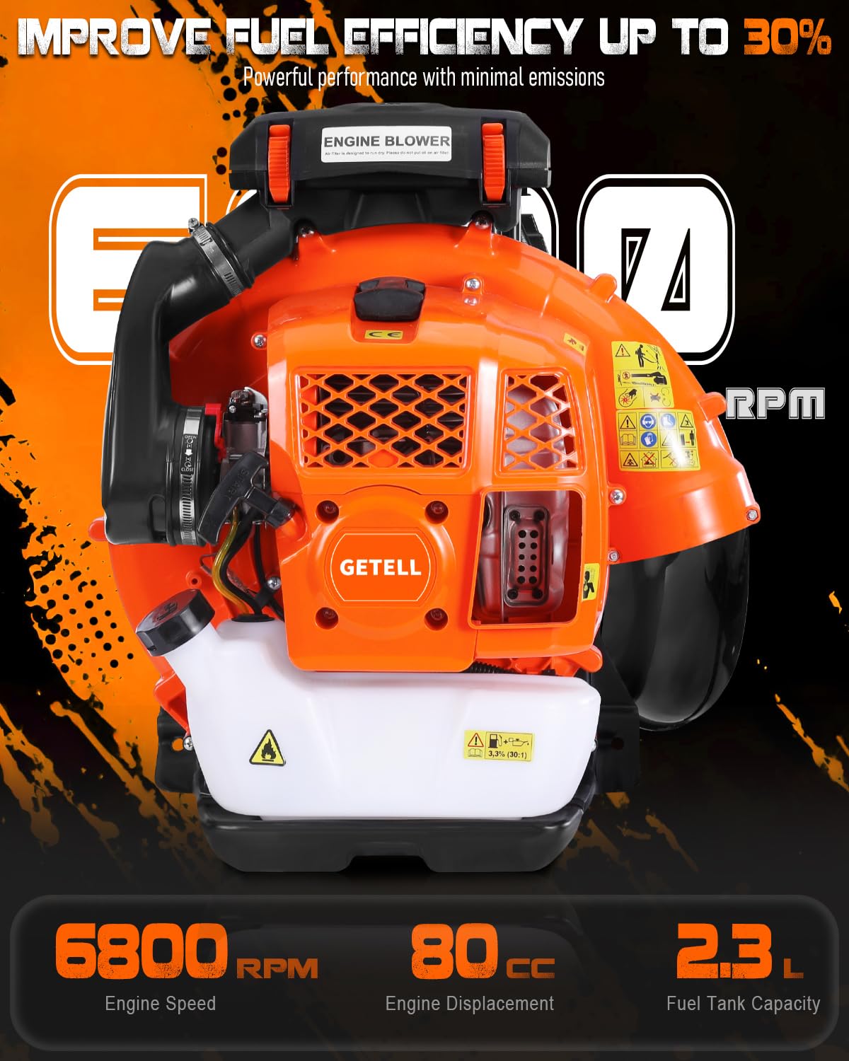Getell 80cc Gas Backpack Leaf Blower, 900CFM 206MPH 2-Stroke Engine, Heavy-Duty Leaf & Snow Blower for Lawn, Garden & Commercial Use (Orange)