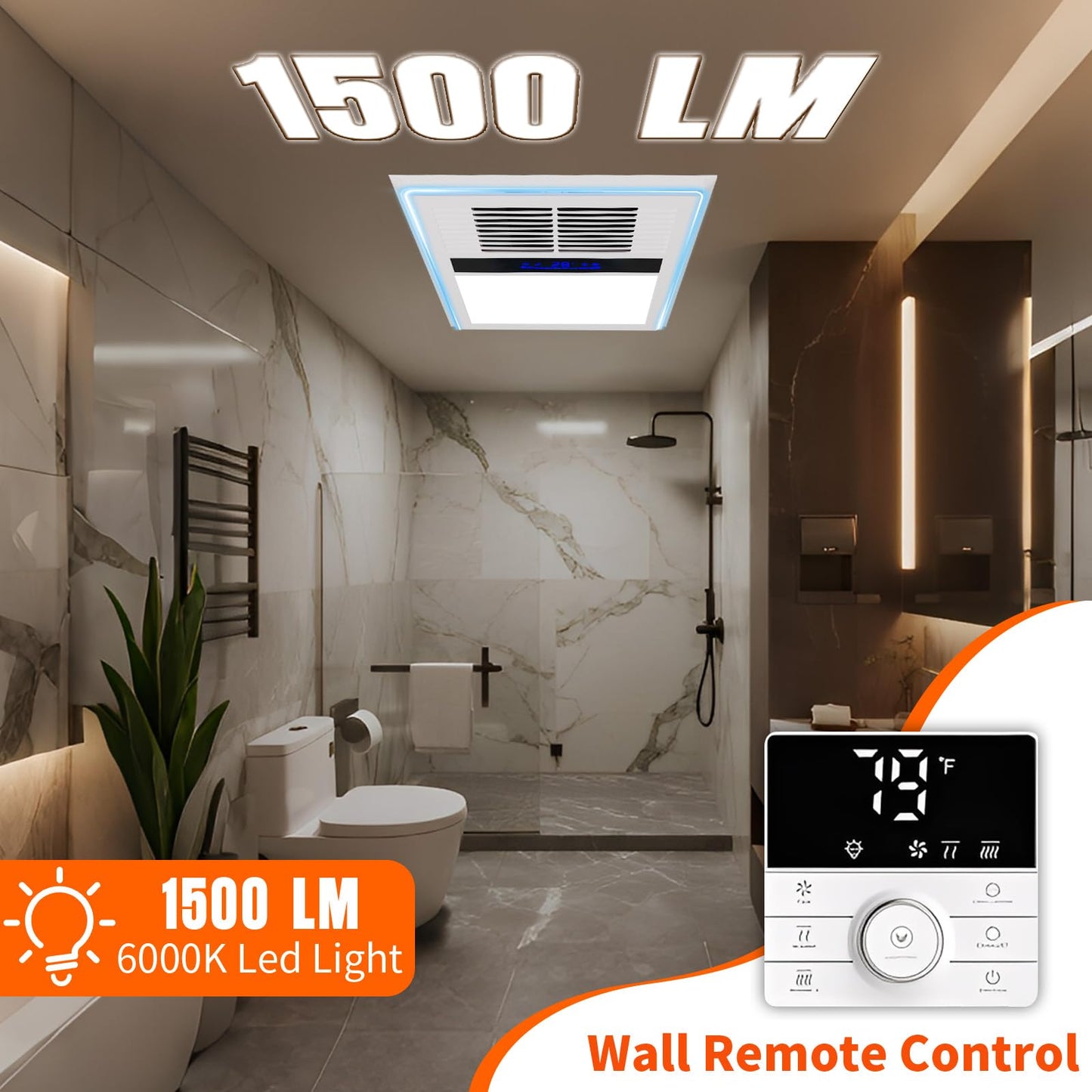Fantspati 4 in 1 Bathroom Exhaust Fan with Heater and Light, 2800W Heater, 211CFM, 5-Color Mood Lighting, Low Noise, with Wall Control for Bathroom and Toilet