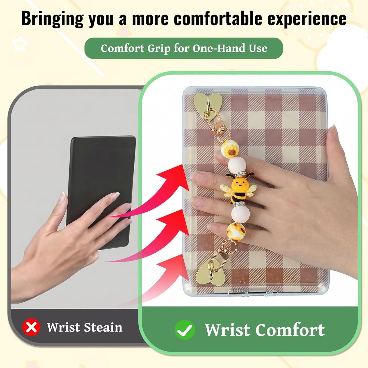 Silicone Beaded Strap for Kindle Charm - Cute Bee Style Hand Strap Bracelet Grip Chain for E-Reader, Bookish Gift