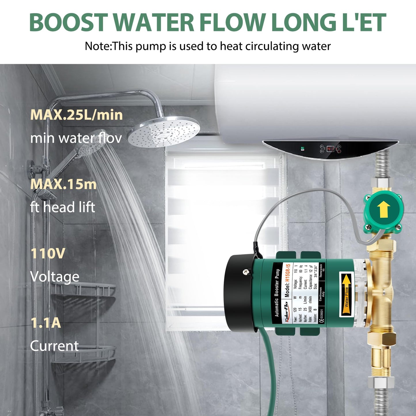 120W Water Pressure Booster Pump 115VAC,396 GPH,21.7 PSI Household Automatic Home Booster Pump with Water Flow Switch for Home Kitchen Bathroom Irrigation(H15GR-15)