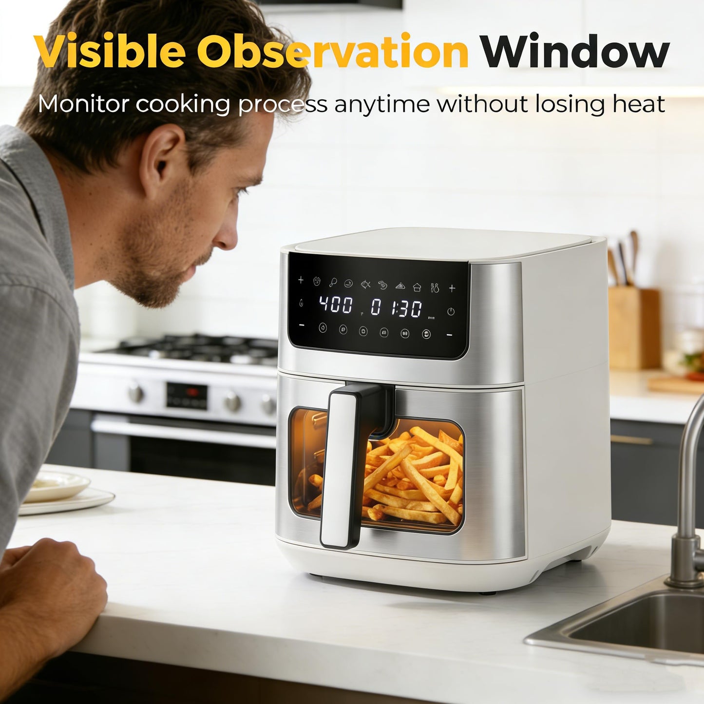 HealSmart 6.34 Qt Air Fryer with Window, 8-in-1 Digital AirFryer Oven, 1700W, Nonstick Dishwasher-Safe Basket, Air Fry, Roast, Dehydrate, 90-Min Timer, Stainless Steel, White