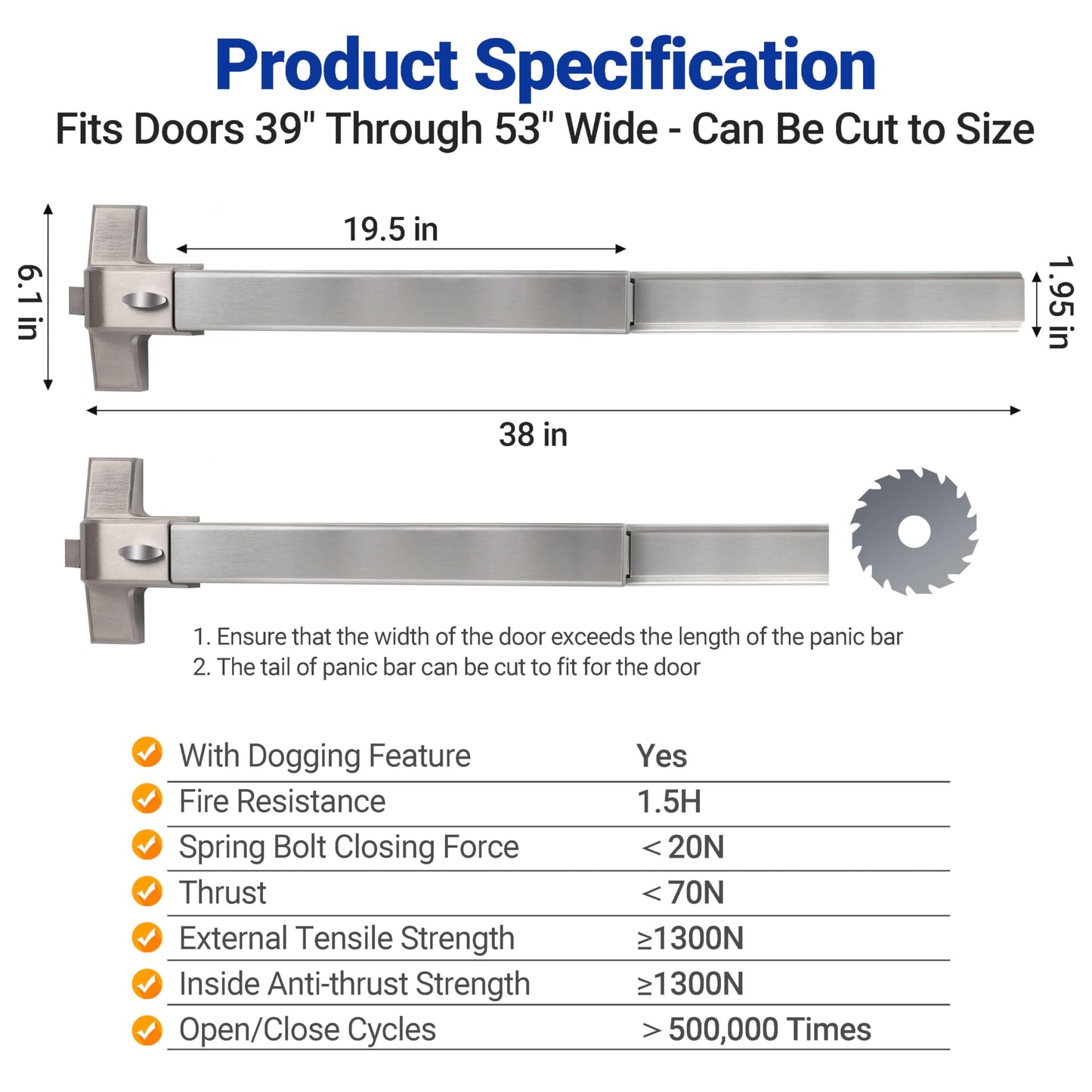Push Bar Panic Exit Device for Emergency Exit Doors with Door Handle- 304 Stainless Steel Panic Bars for Exit Doors, 38" Commercial Push Bar Panic Exit Device for 39”-53” Wood/Metal Door (Silver)