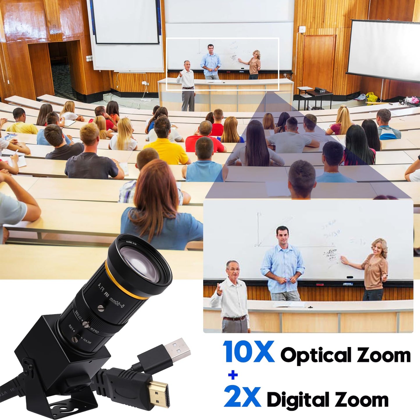 SVPRO HDMI USB Camera 4K 60fps USB3.0 Streaming Webcam with Zoom 5-50mm Telephoto Lens,10X Optical Zoom Industrial Microscope Camera H.264 Video Camera for Computer,Raspberry Pi,Monitor