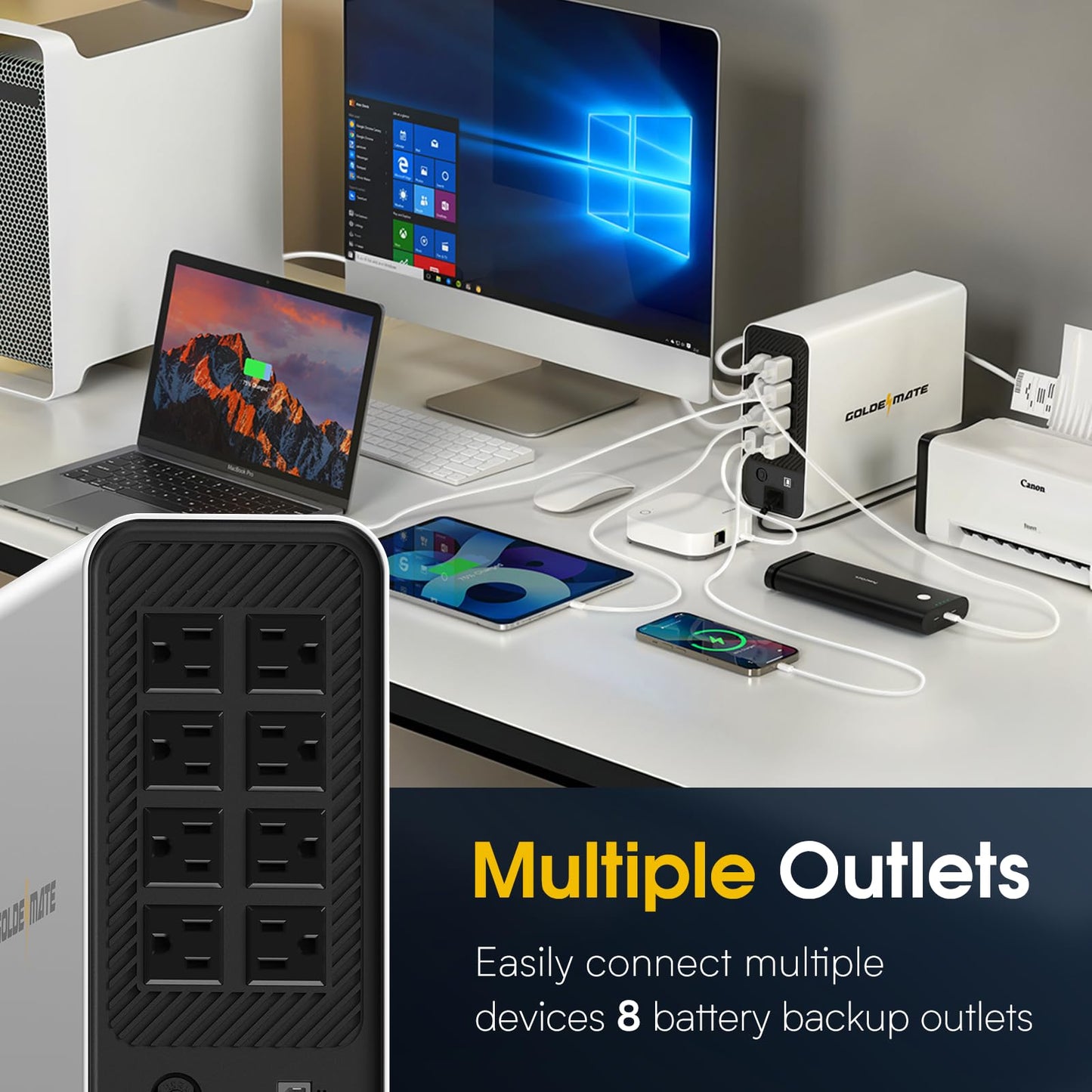 GOLDENMATE 1500VA/1000W Lithium UPS Battery Backup and Surge Protector, 230Wh LiFePO4 Battery Backup, Sinewave UPS with USB Communication Port, 8 Outlets & 2 USB Ports, LCD Display, White