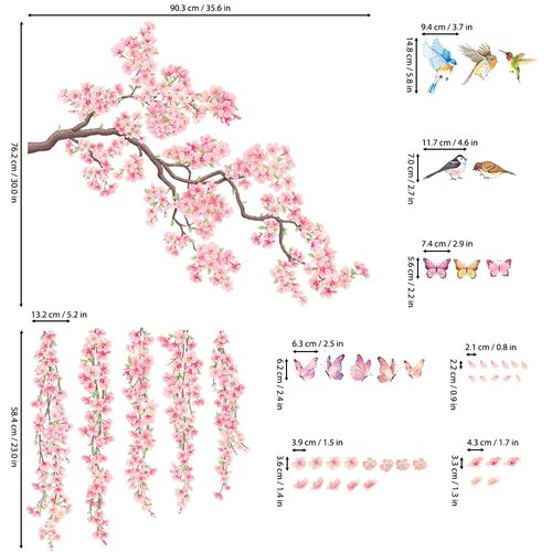 DECOWALL SG3-2320 Cherry Blossom Flower Wall Stickers Decals Branches Birds Butterflies Art Bedroom Floral Flower Girls Home Kids Living Nursery Pink Room Tree Nursery décor Baby