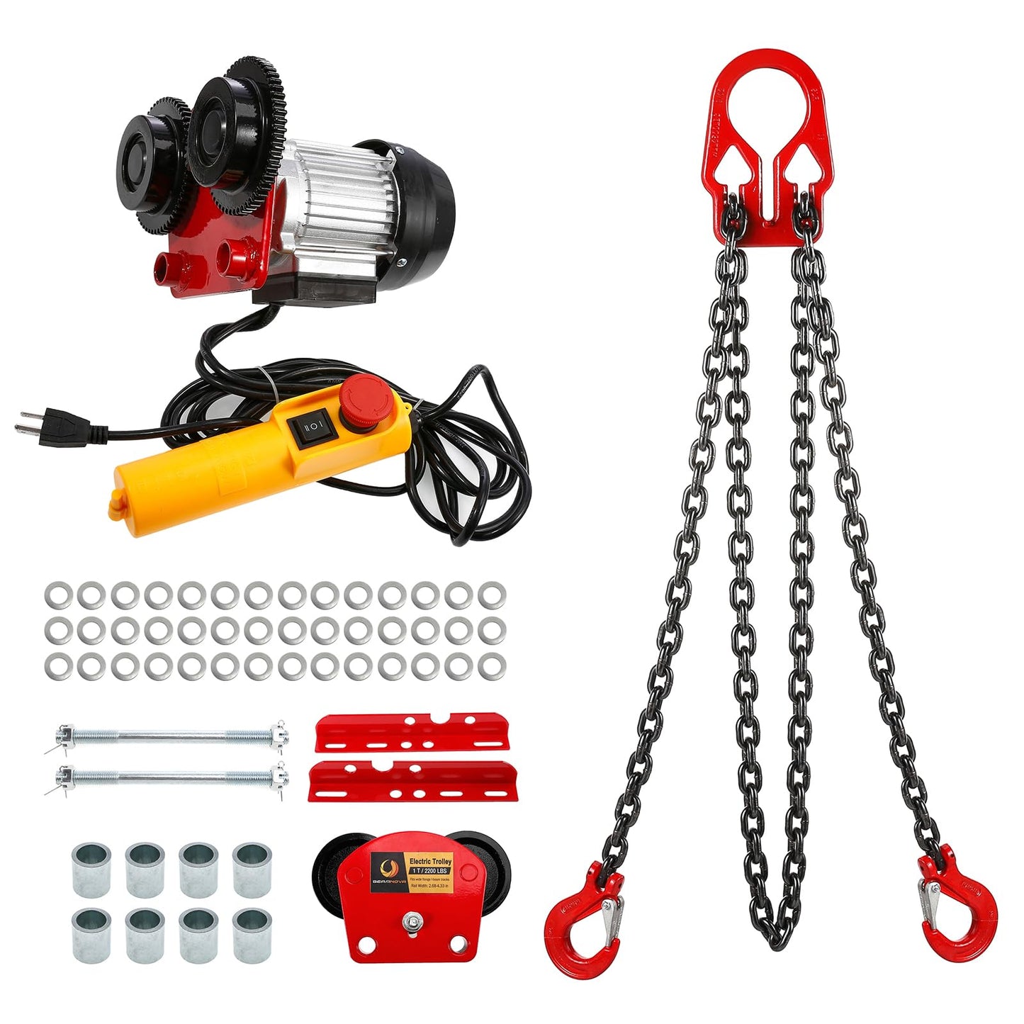 BEAMNOVA Lifting Chains with Adjuster Hooks, 5/16 Inch x 10 Ft, 7000lbs / 3.18 Tons + 1 Ton Electric Hoist Trolley for I-Beam