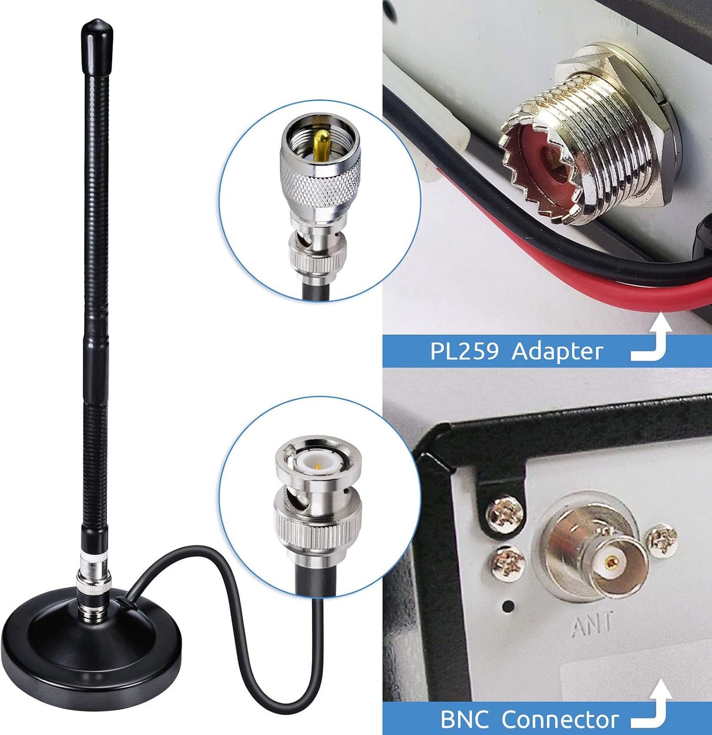 BINGFU 27MHz PL259 Magnetic Base CB Antenna with BNC & Male Connector for Cobra Midland Uniden Maxon President Handheld