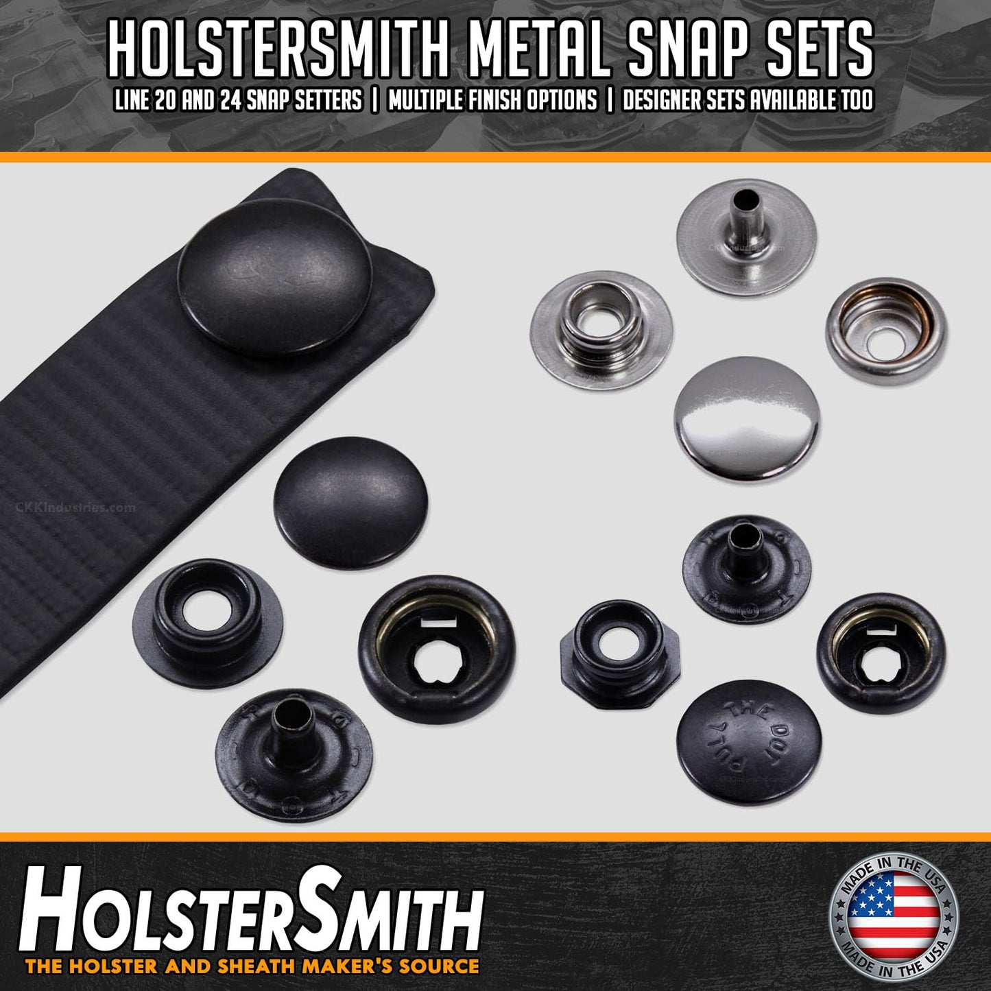 HolsterSmith Metal Snap Sets - (Line 24) - (Pull the Dot) - (Black) - (1 Set) - for Leather, Holsters, Sheaths, Pouches, and Clothing