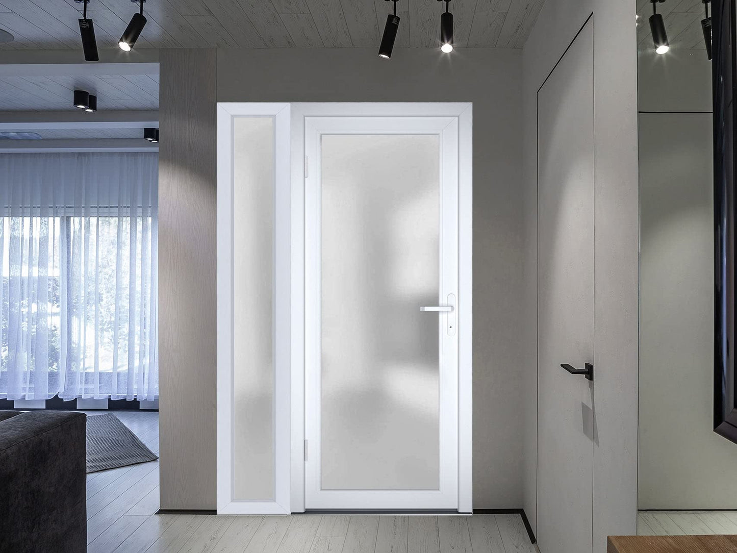 VDOMDOORS Front Exterior Prehung Fiberglass Door Frosted Glass/Manux 8102 White Silk/Side Exterior Window/Entrance Patio Garage-W30+14" x H80-Right-hand Inswing