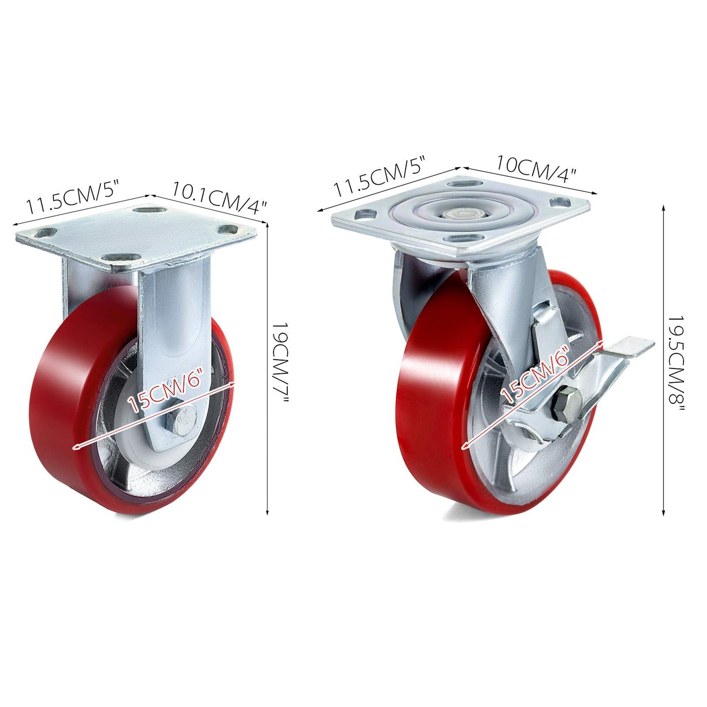 VEVOR Caster Wheels Set of 4, 6" Heavy Duty Casters (2 Rigid and 2 Swivel Casters with Side Brake) Polyurethane Iron Core Plate 4000LBS Capacity