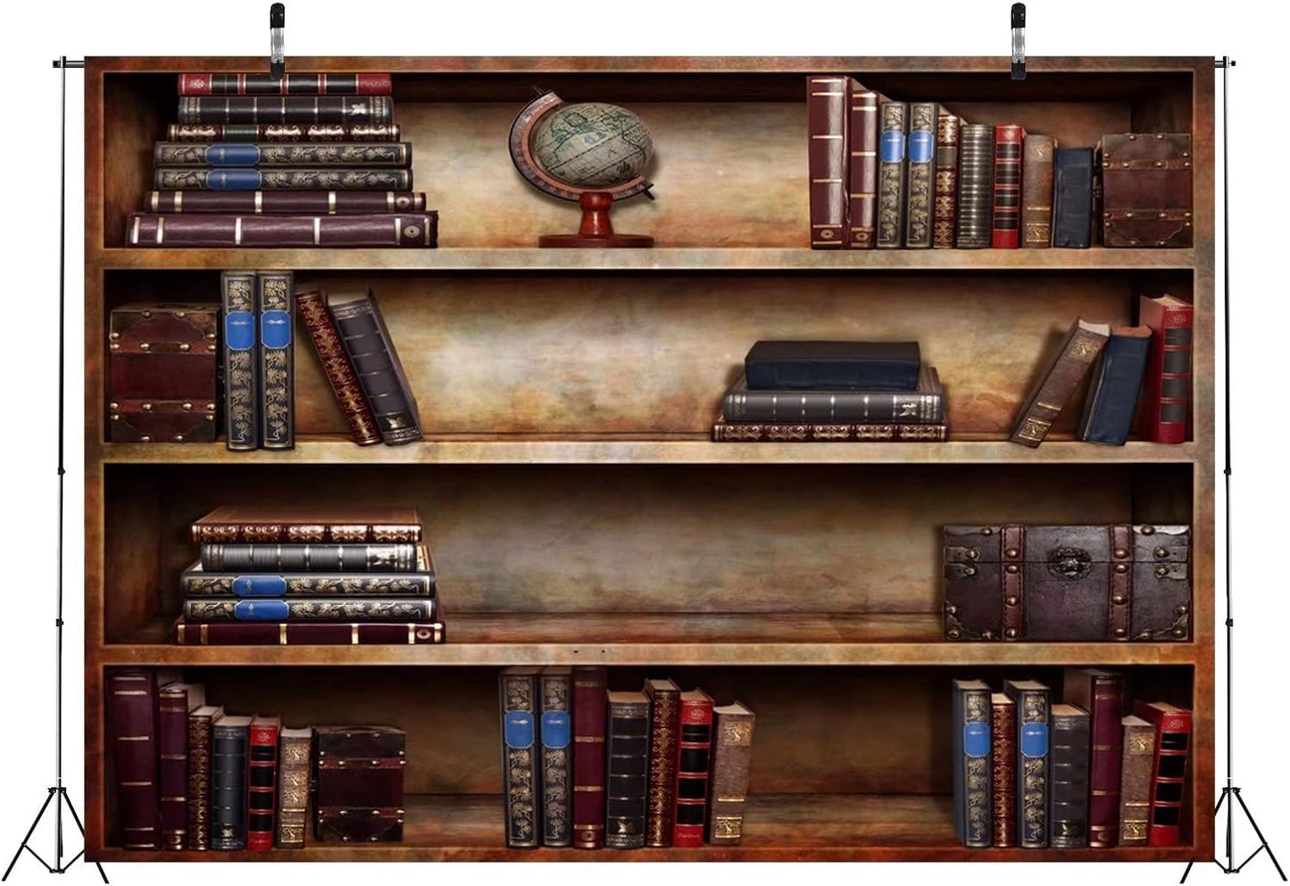 BELECO 7x5ft Fabric Old Bookshelf Backdrop Brown Wooden Bookcase Hardcover Books Globe Background Students Teachers