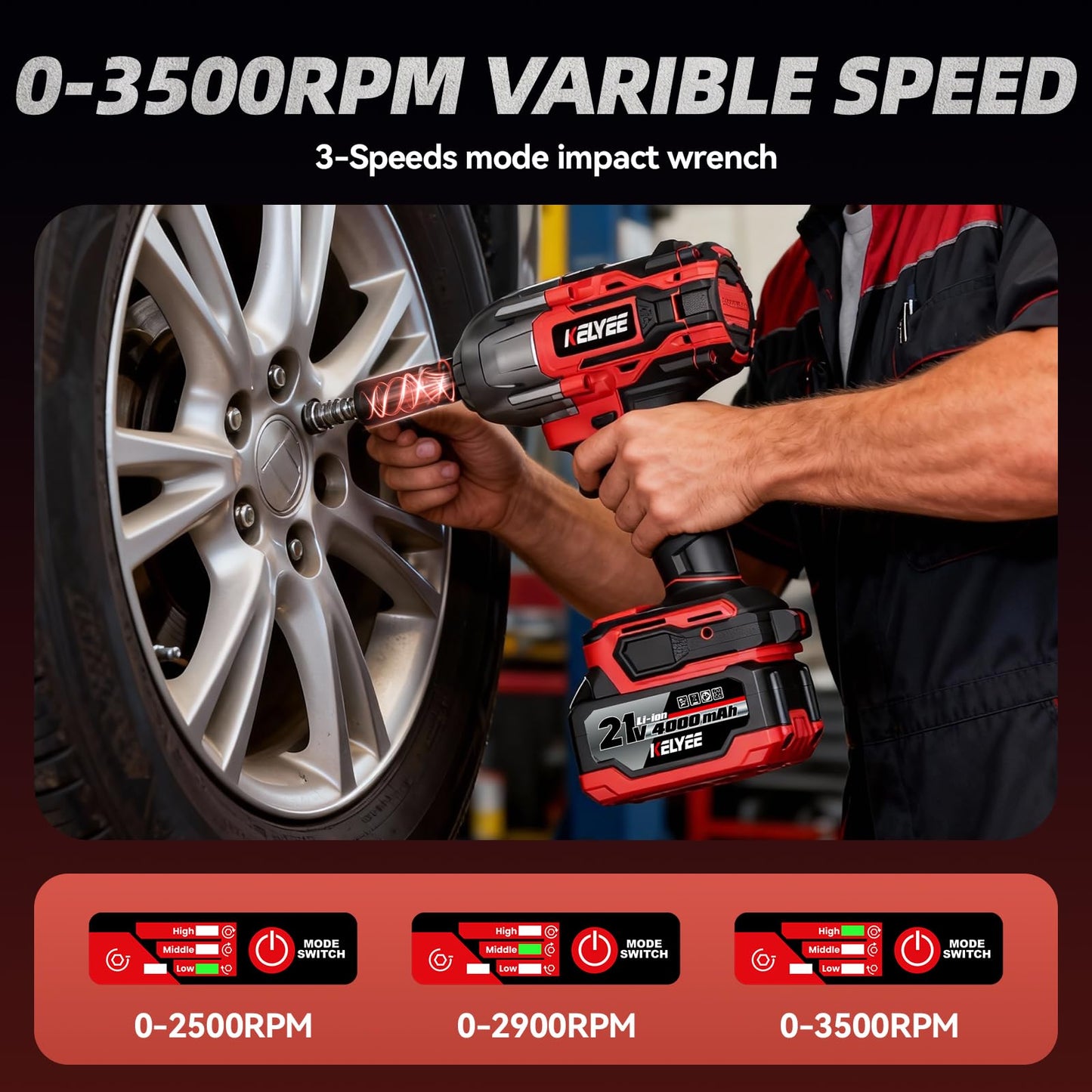 kelyee Cordless Impact Wrench 1107Ft-lbs(1500N.m), Brushless High Torque 1/2 Impact Gun with 21V 2x4.0Ah Battery, 3-Mode Speed, Electric Impact Driver with 4 Socket for Home Car Pickup Truck RV Mower