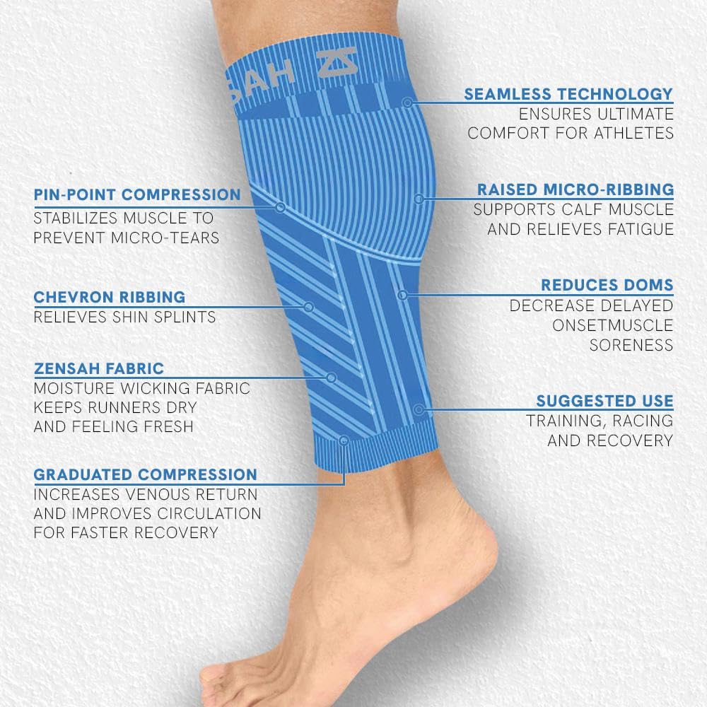 Zensah Calf/Shin Compression Sleeve - Made in the USA Single Leg Compression Sleeve for Shin Splint Relief, Recovery, Running (Heather Grey, Small/Medium)