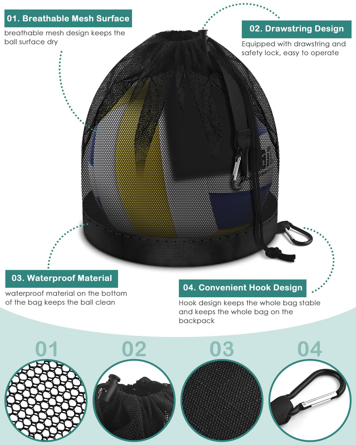 BROTOU Single Ball Bag with Double Hook, Balls Storage Bags with Zipper Pocket, Drawstring Sling Backpack for Soccer Basketball Football Volleyball Rugby (1)