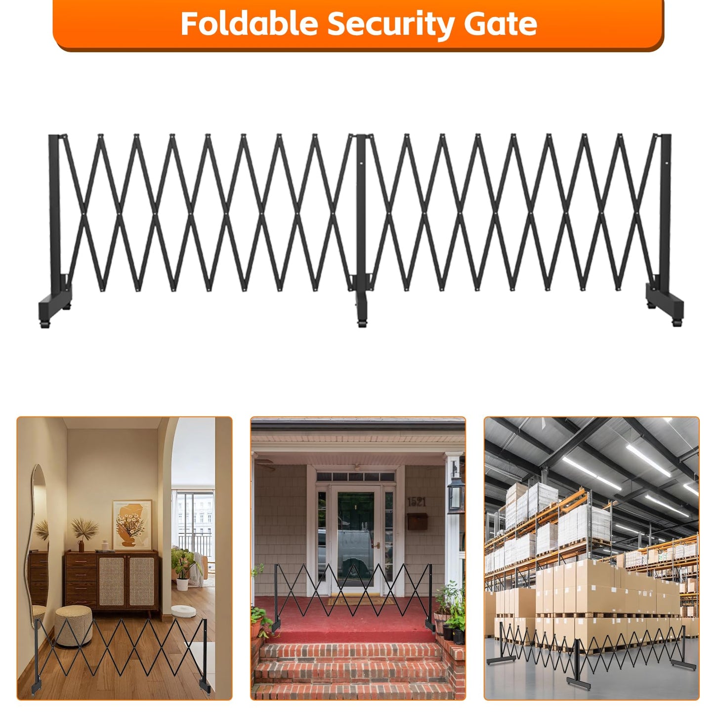 16 FT Industrial Metal Expandable Barricade，Retractable Traffic Fence with Casters, Folding Security Gate，Portable Barricade Gate for Construction Area, Traffic Control, Cordon(Black