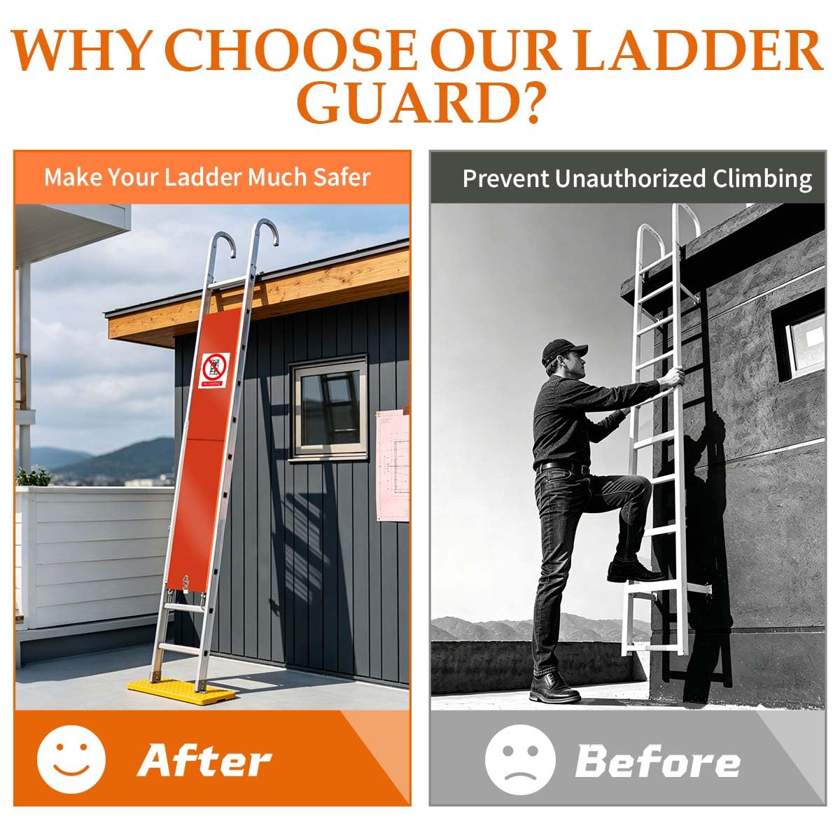 Upgraded 2-Section Fixed Ladder Anti-Climb Safety Guard, Fits 38"–75" Ladders – Heavy-Duty Fixed Ladder Resistant Security Guard, Dual Locking Mechanism for Roof Hatch & Outdoor Secure Access (Orange)
