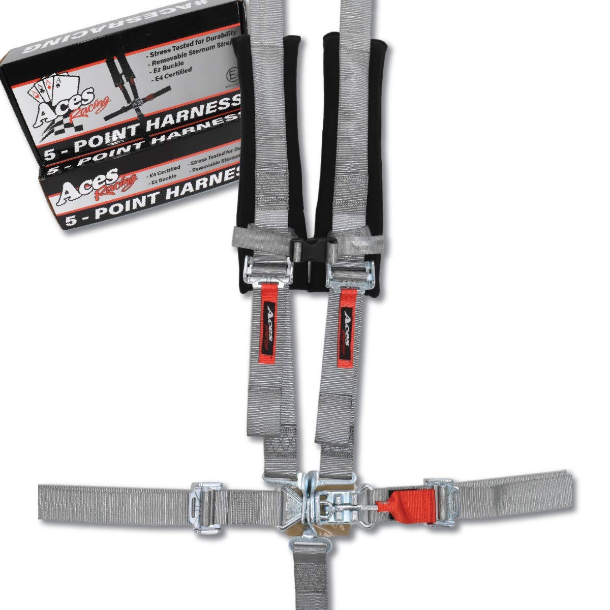 AAAA Aces Racing 5 Point Harness With 2 Inch Padding E4 Certified (Silver)