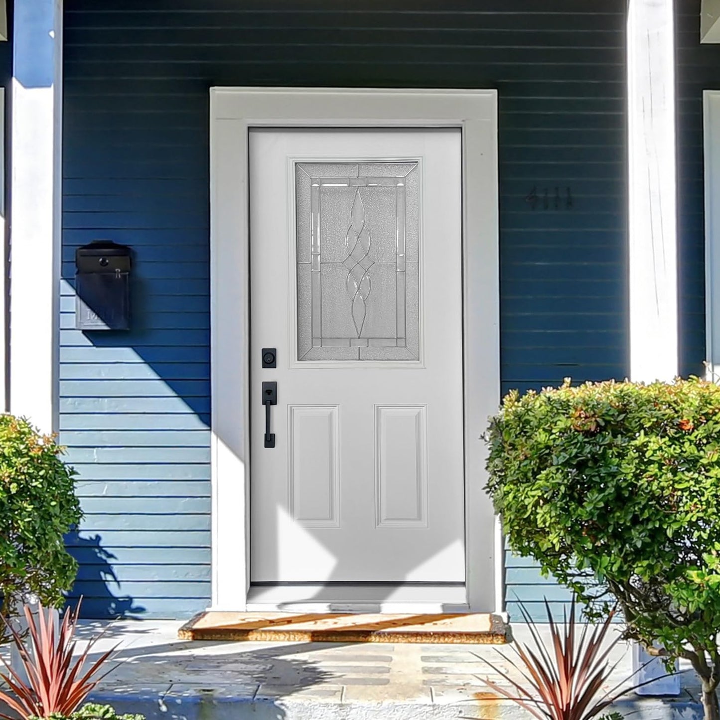 36x80 Fiberglass Prehung Exterior Door, Half Lite 2-Panel Frosted Glass Front Entry Door with Brickmould, White Primed (Right Hand Inswing)