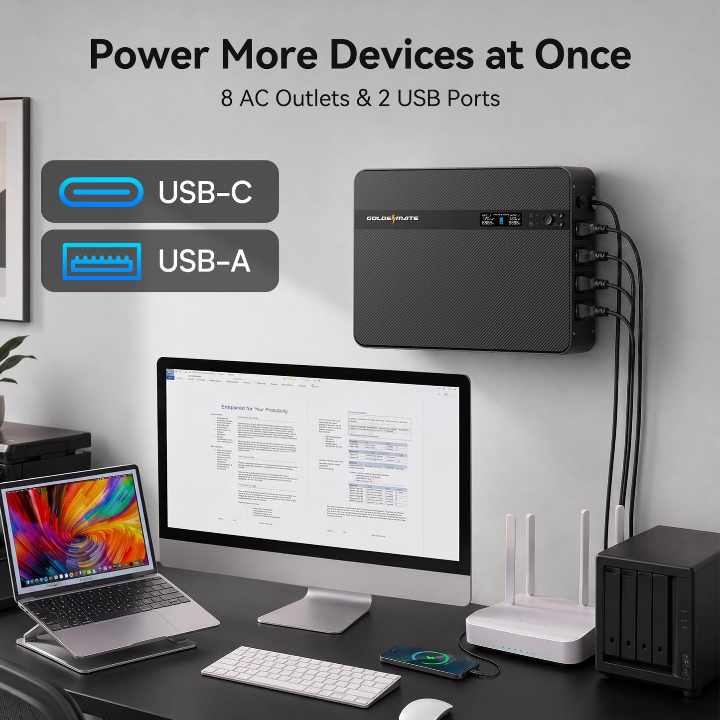 GOLDENMATE 1500VA/1000W Lithium UPS Battery Backup & Surge Protector, LiFePO4 Backup Battery(230Wh), Sinewave UPS with 8 Outlets & 2 USB Ports, Built-in Emergency Light, Wall Mount, LCD Display