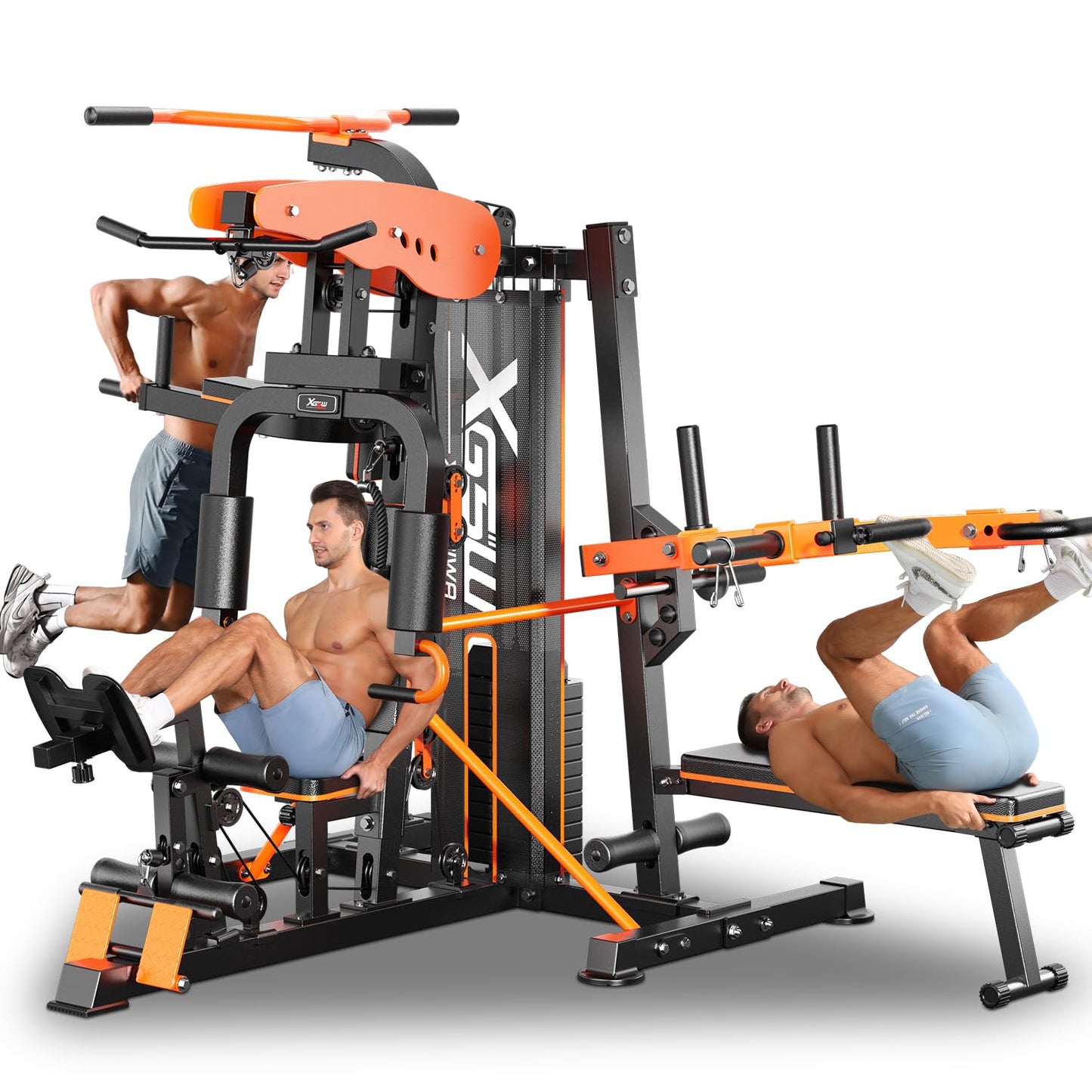 XGSW Multi-Function Home Gym Workout Station, Featuring a Pulley System, arm Trainer, and Leg Trainer for Full-Body Workouts. (L03-3【154LBS】 Three-Person Fitness Station Only)