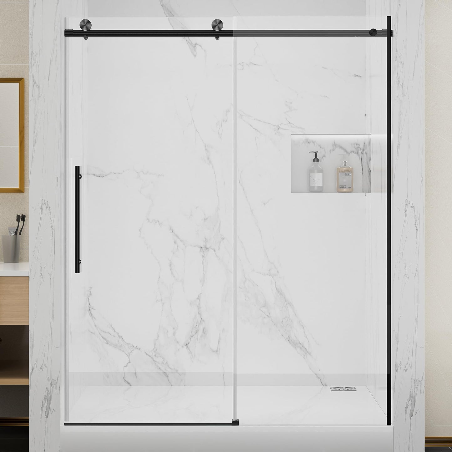 Frameless Sliding Shower Door 56-60 in W x 74 in H, Stainless Steel Frameless Shower Door with 5/16" (8mm) Clear Tempered Glass,Explosion-Proof Film, Silent Soft-Close Design,Matte Black