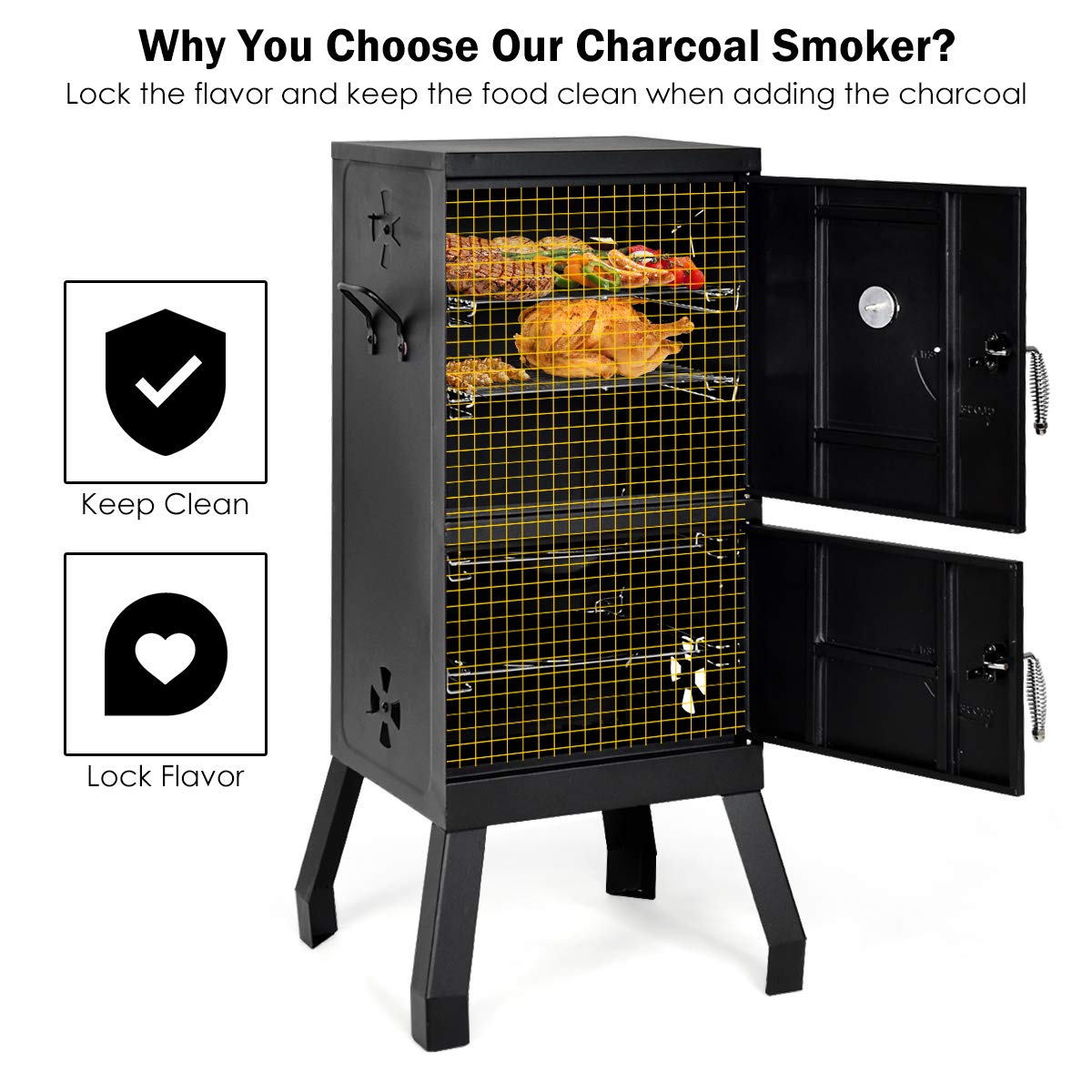 DORTALA Vertical Charcoal Smoker, Outdoors Charcoal Barbeque, Smoked Carbon Oven, Iron Structure, w/Two Chrome-plated Nets, Two Charcoal Pots, Suitable for Lawn Picnic, Backyard BBQ (Black)