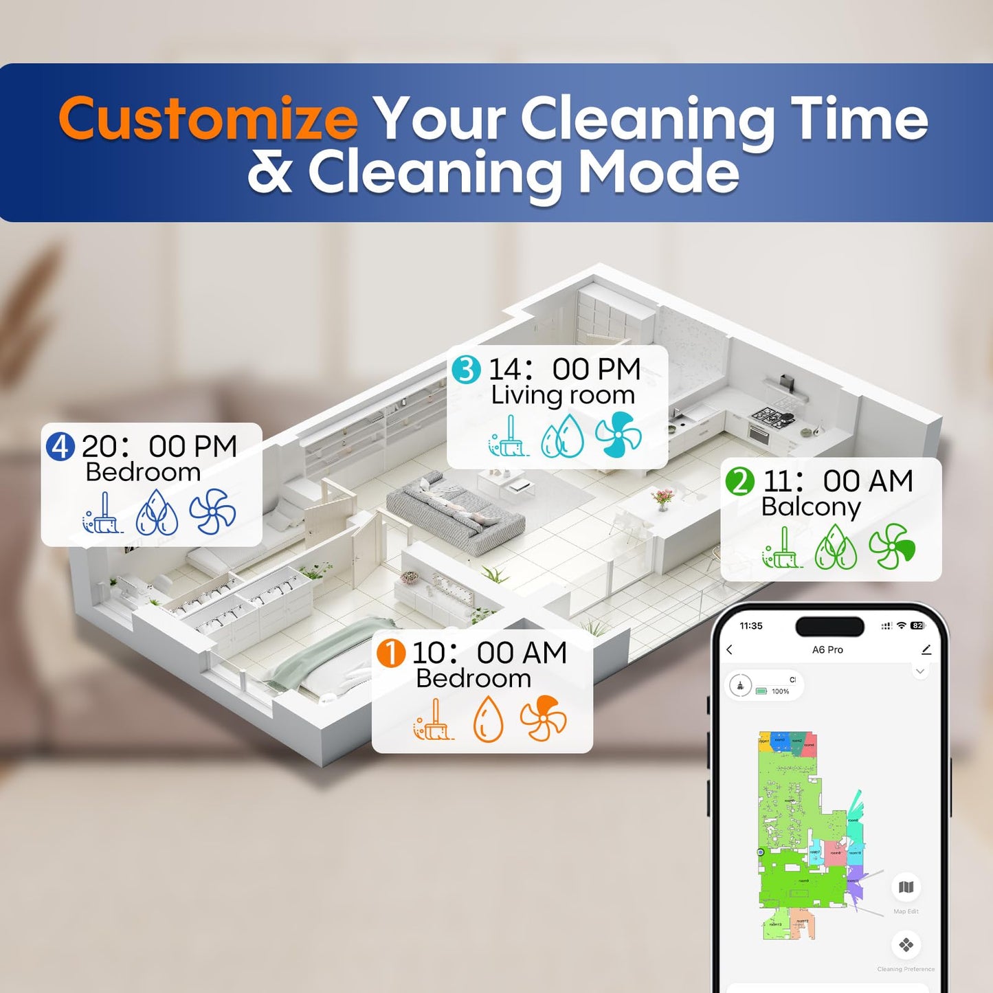 eitton Robot Vacuum and Mop Combo, 5000Pa Powerful Suction, Advanced Smart Mapping, Ideal for Pet Hair, Dust