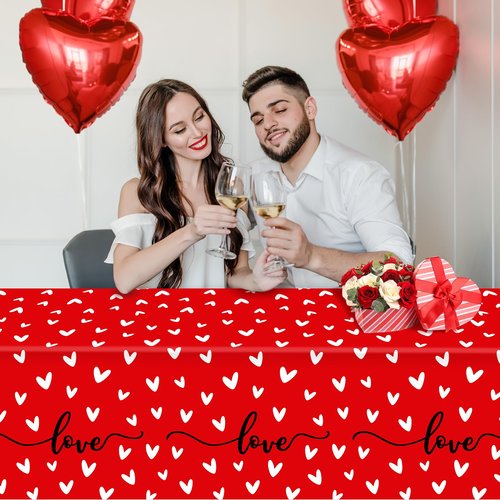 3Pcs Valentine's Day Plastic Tablecloth Love Heart Romantic Rectangular Table Cloths Red White Tablecovers for Valentines Wedding Engagement Anniversary Galentines Mother's Day Party Decorstions