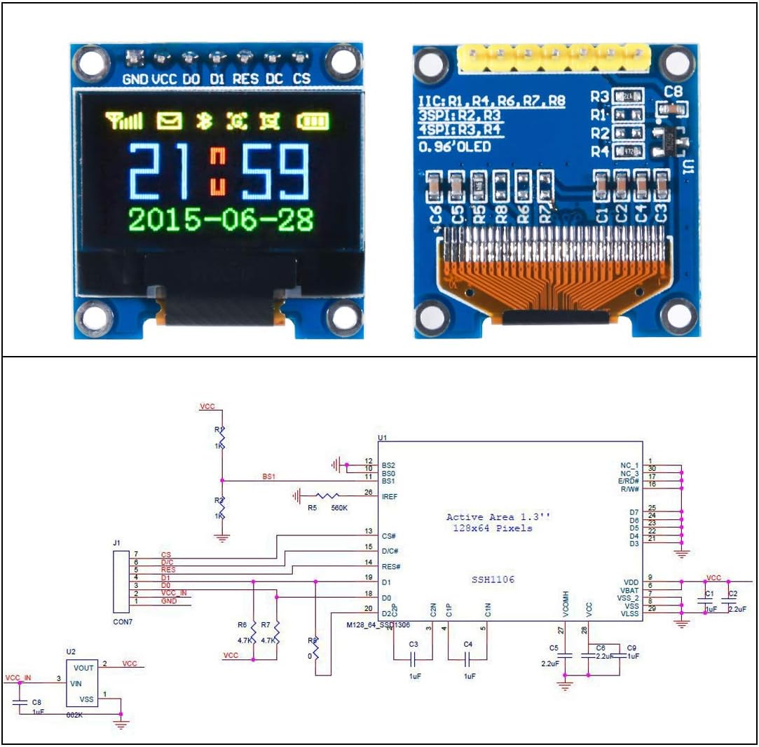 UMLIFE 0.96" 7 128x64 6PCS 0.96 Inch SSD1306 12864 DC3-5V 51 STM32 Pin SPI OLED Display Module, LCD Display Module