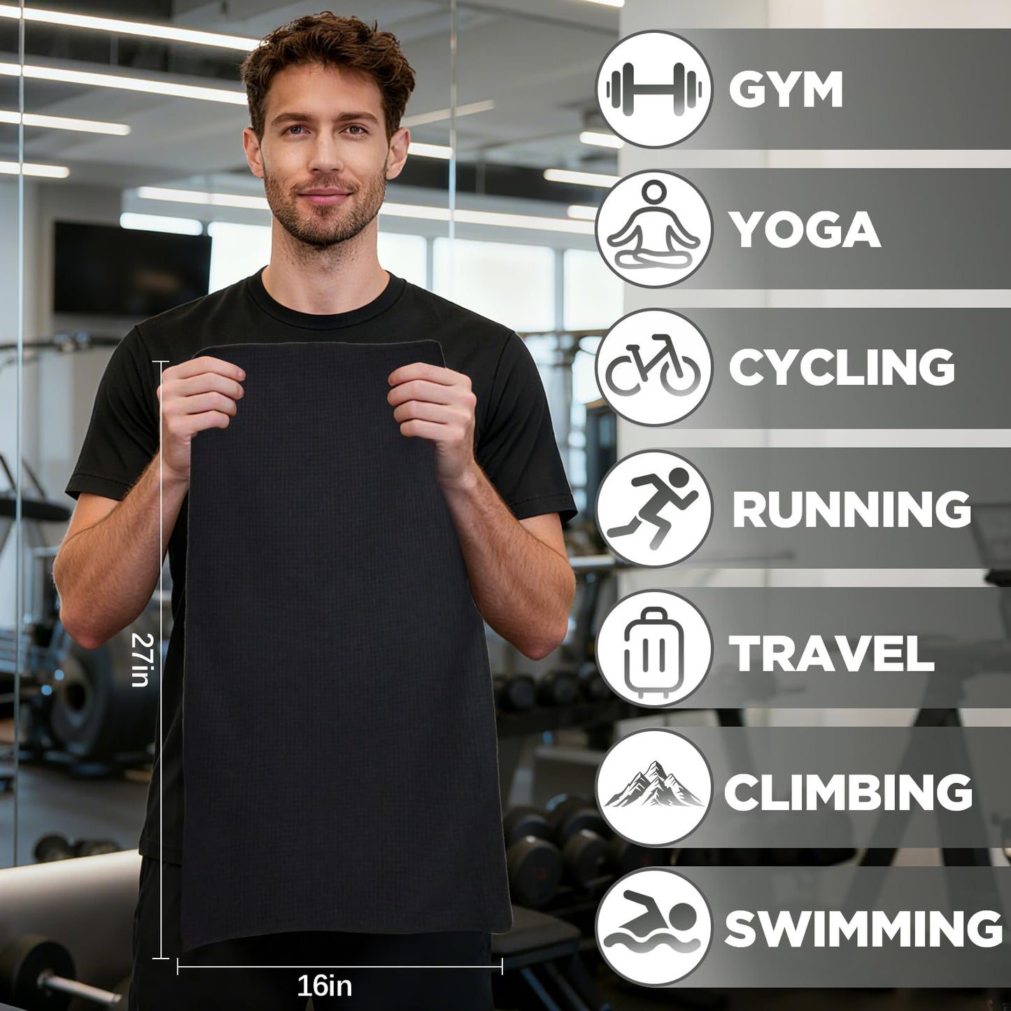 Vnoss Microfiber Gym Towels for Working Out, Quickly Dry Yoga Towels for Men & Women Tennis, 16 Inch x 27 Inch, 6 Pack, Black