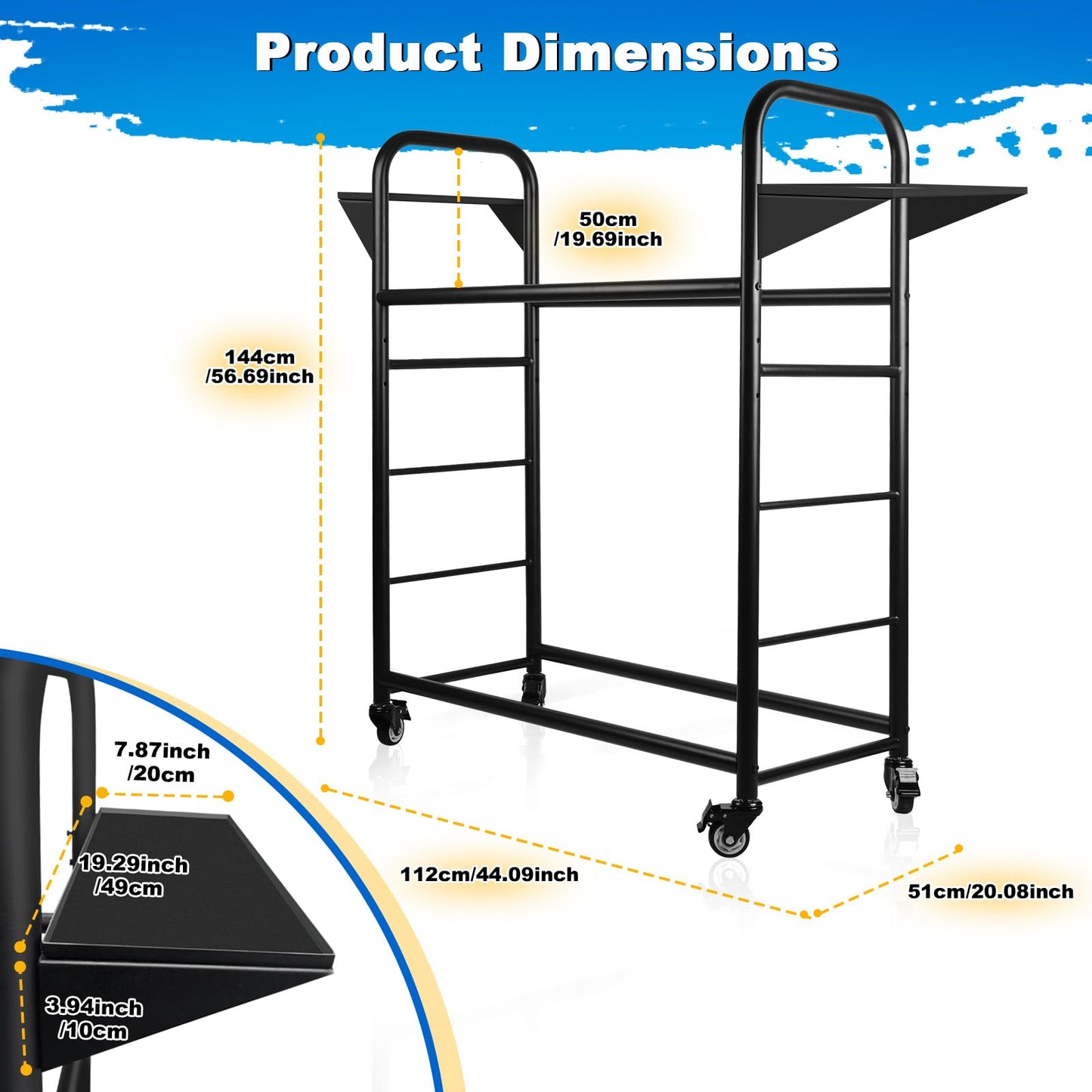 Togarhow Tire Rack, 59 x 57 x 20 Inches Garage Tire Storage Stand with Storage Tray 218KG/480LBS Capacity, 2 Storage Shelf & 4 Swivel Casters Rolling Tire Storage Rack, Black