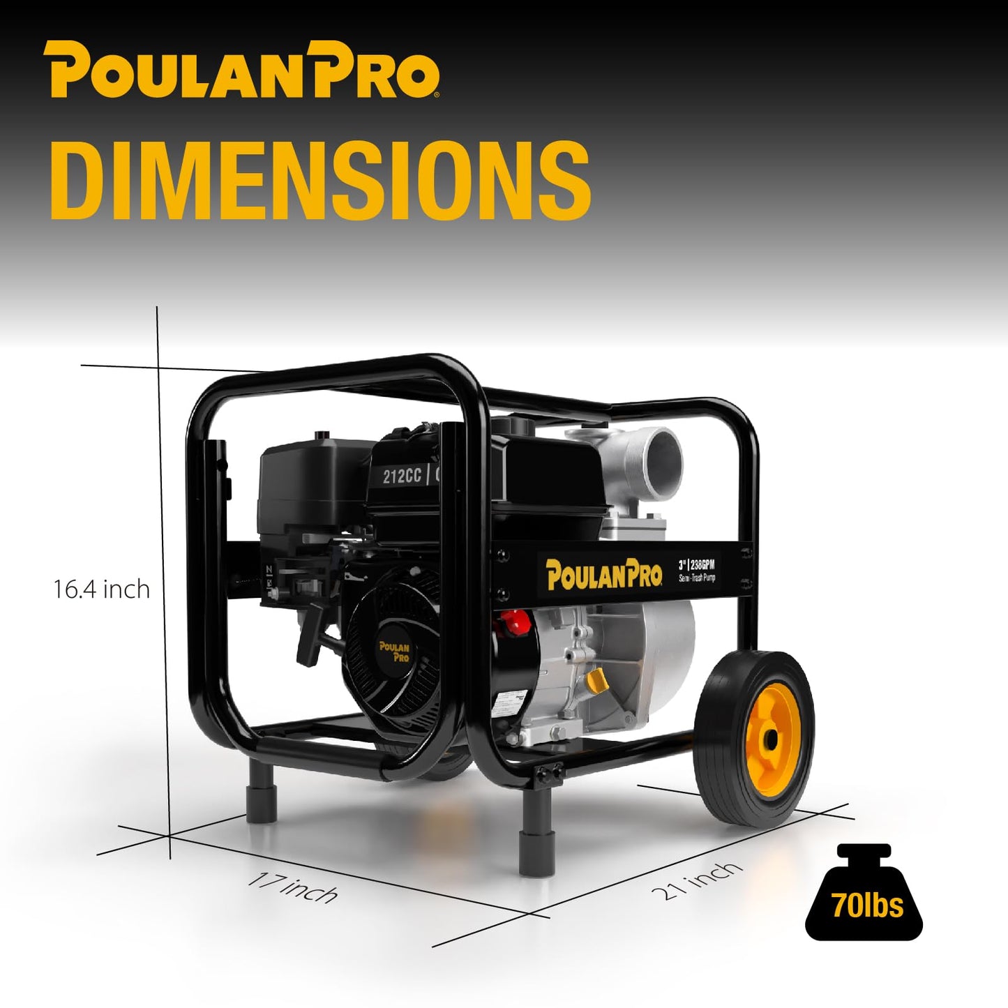 Poulan Pro Semi Trash Pump 3 Inch, 6HP 212cc 4-cycle Engine, 238GPM, 100ft Lift, 23ft Suction, Gas Powered Water Pump with Wheels & Handle for Pond, Sewage, and Pool (3 inch)