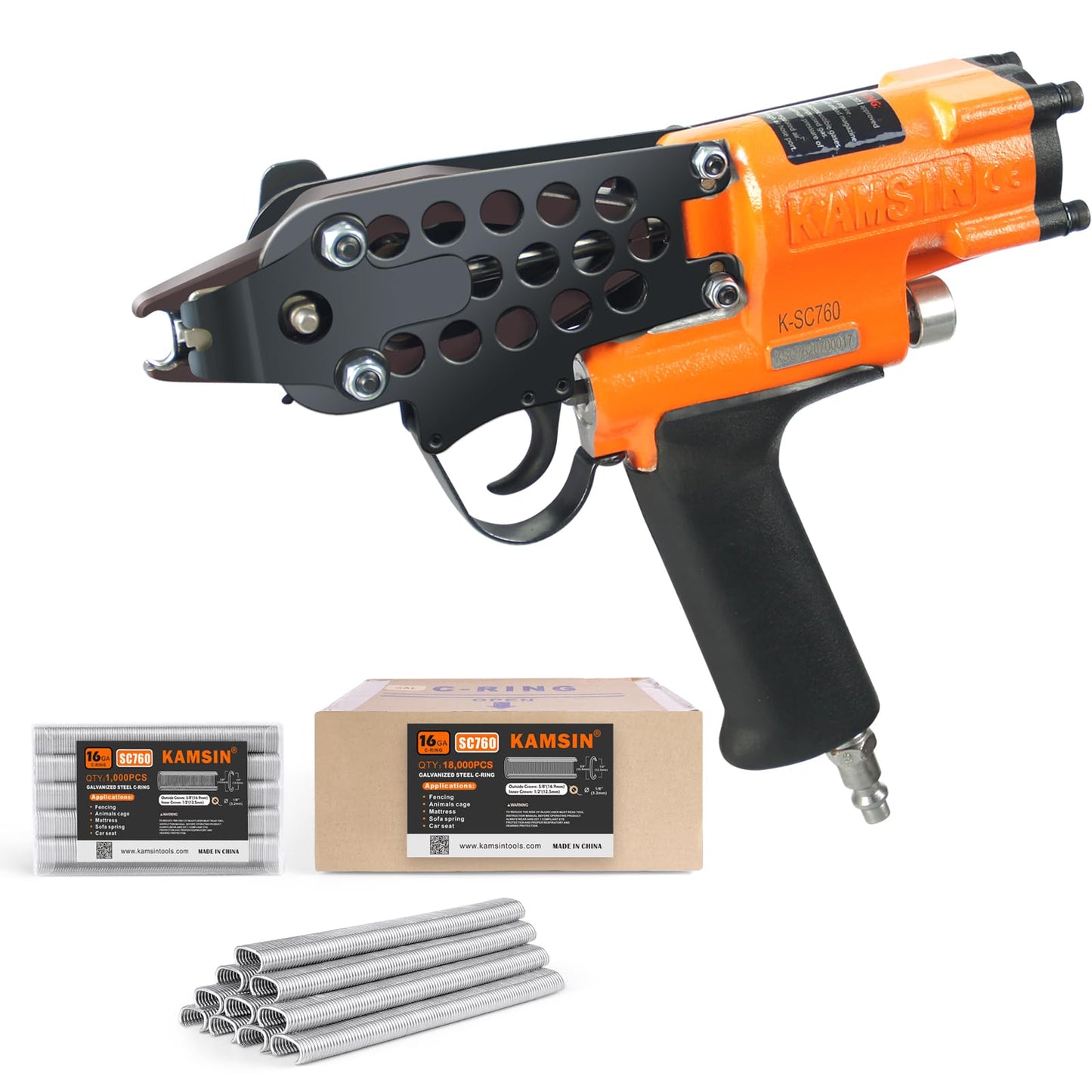 Combination of Kamsin K-SC760 16 Gauge Pneumatic C Ring Gun Kit and 1/2-Inch Crown 18,000pcs Galvanized Hog Ring Staples