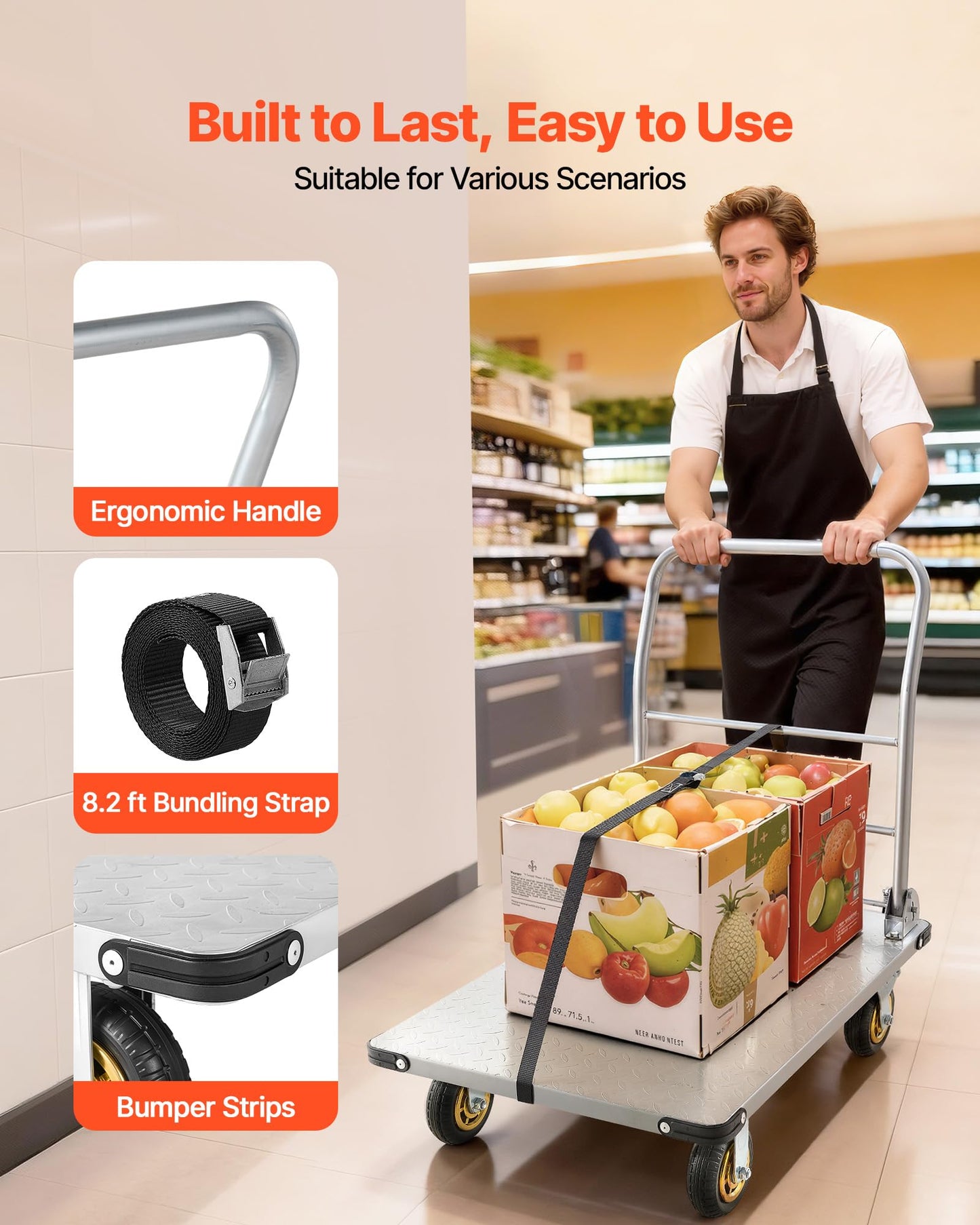 VEVOR Heavy Duty Platform Truck, 2000 LBS Steel Large Flatbed Cart with 360° Swivel Wheels & Brakes, Foldable Platform Hand Push Truck Dolly for Easy Storag/Groceries/Garage/Warehouse (36" X 24")