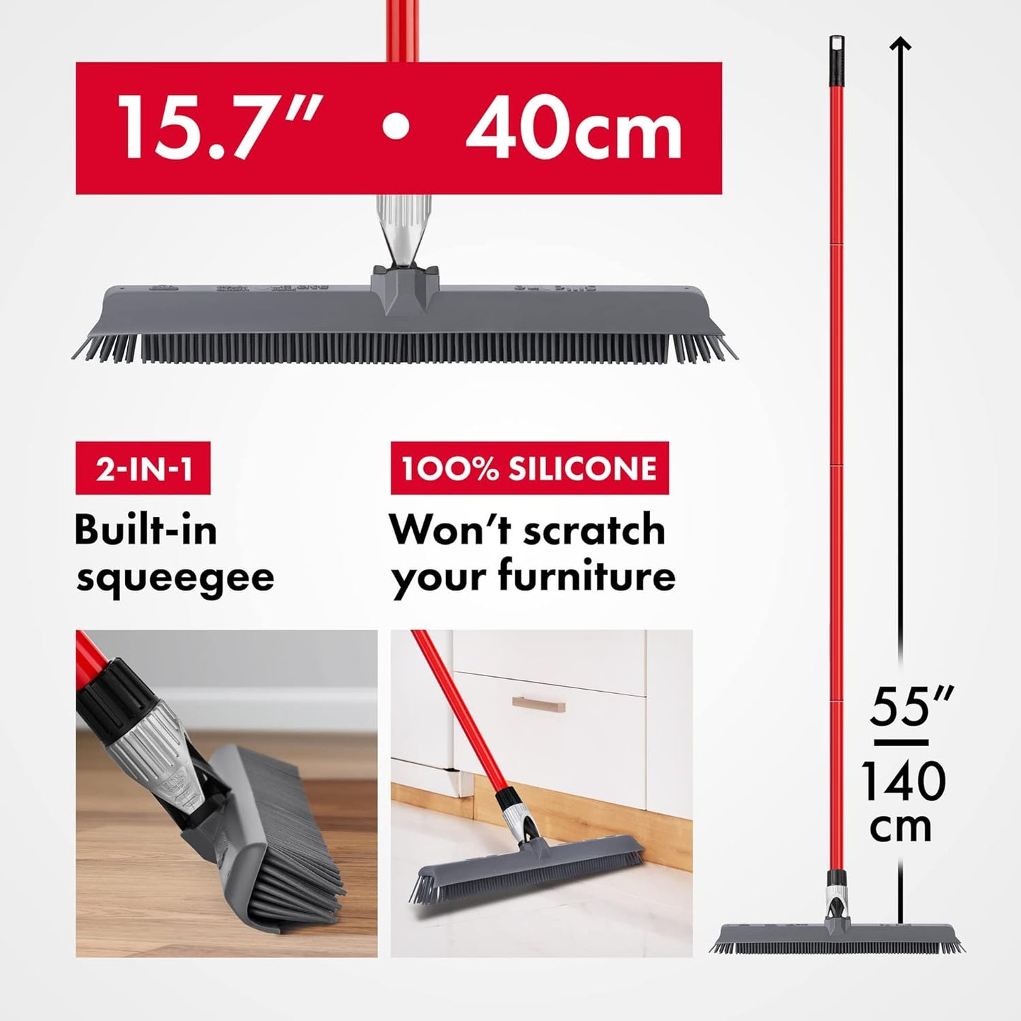 Skiennix 2-in-1 Silicone Rubber Broom | Pet Hair Removal & Squeegee - Long Handle, Slanted Bristles for Corners - Ideal for Carpet, Hardwood, Tile