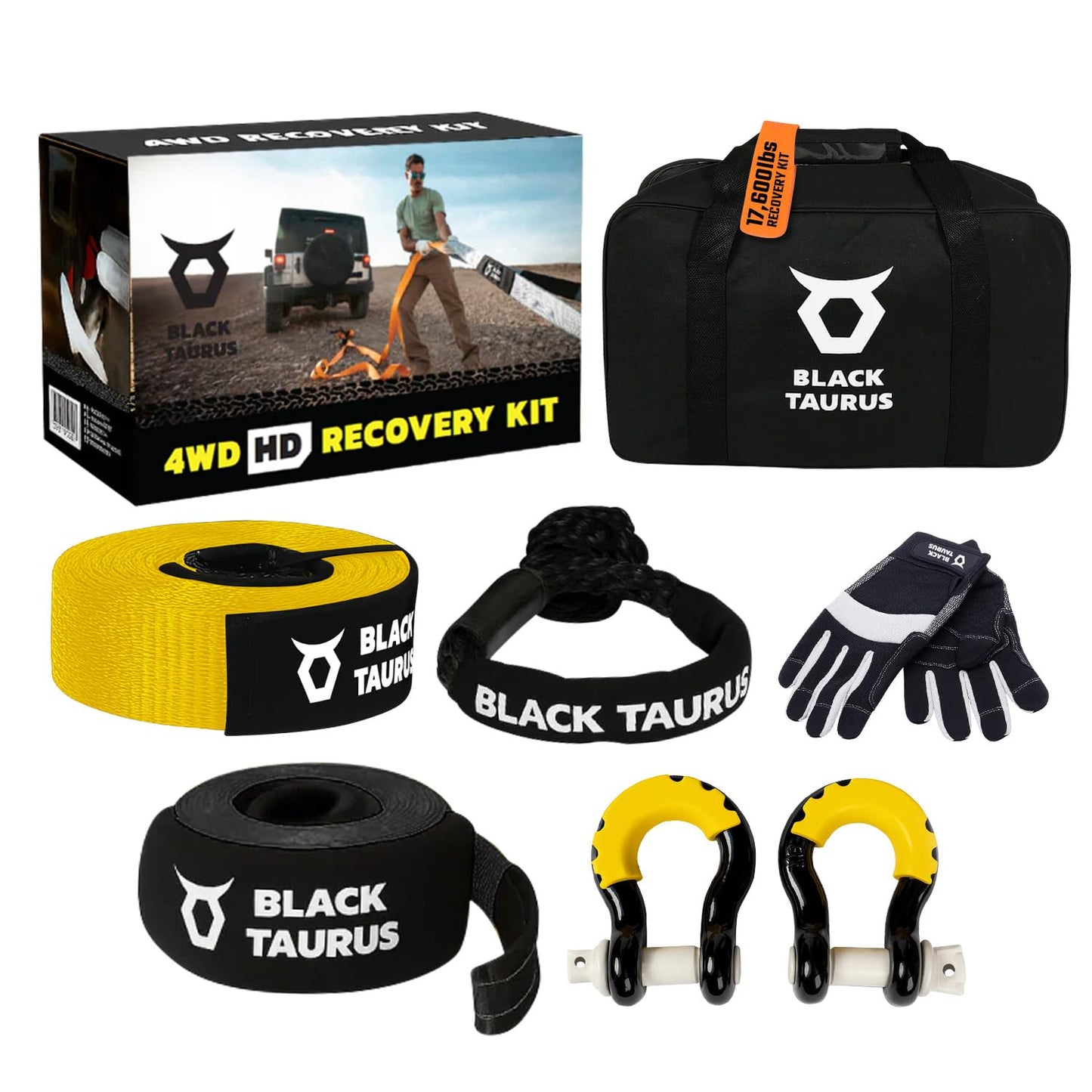 Black Taurus Complete Off-Road Recovery Kit – 2-3/8" 30' HD Snatch Strap 17,600lbs, 10' Equalizer Strap 13,200lbs, Steel D-Shackles, 30,000lbs HMPE Soft Shackle, Gloves & Storage Bag Recovery Gear