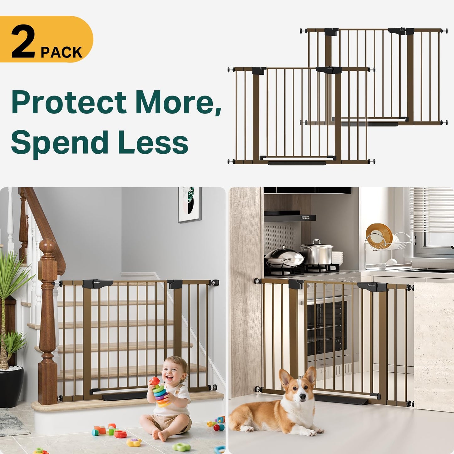 Cumbor 2 Pack 30-46" Baby Gate for Stairs, Mom's Choice Awards Winner-Auto Close Dog Gate for doorways, Easy Install Pressure Mounted Pet Gates Indoor, Easy Walk Thru Wide Safety Gate for Dog, Brown