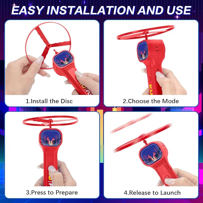 Rechargeable Disc Launcher with 6 Flying Spinners for Outdoor Activities Game White Elephant Gift Fidget Toys (Red)
