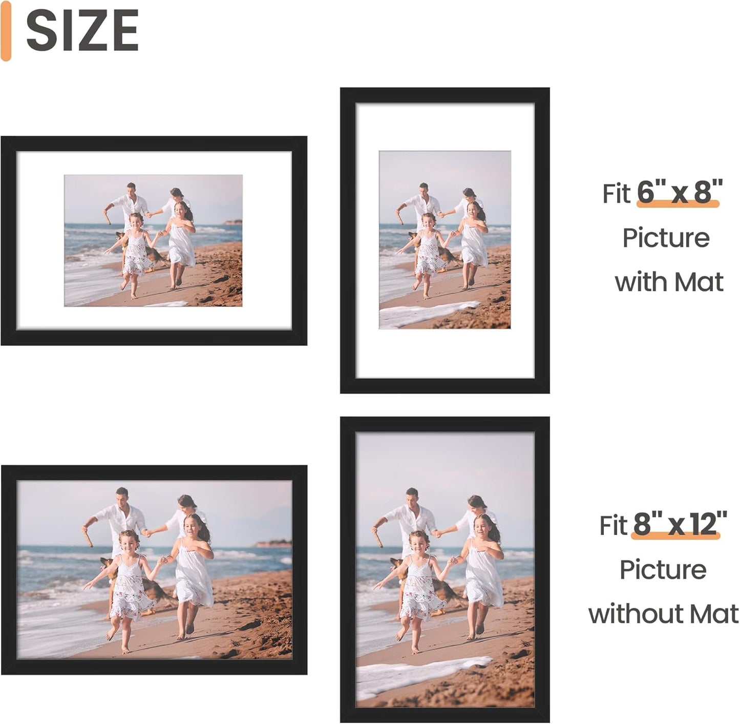 Upsimples 8x12 Picture Frame Set of 5 - Versatile Wall Gallery Frames for 6x8 or 8x12 Photos - Black